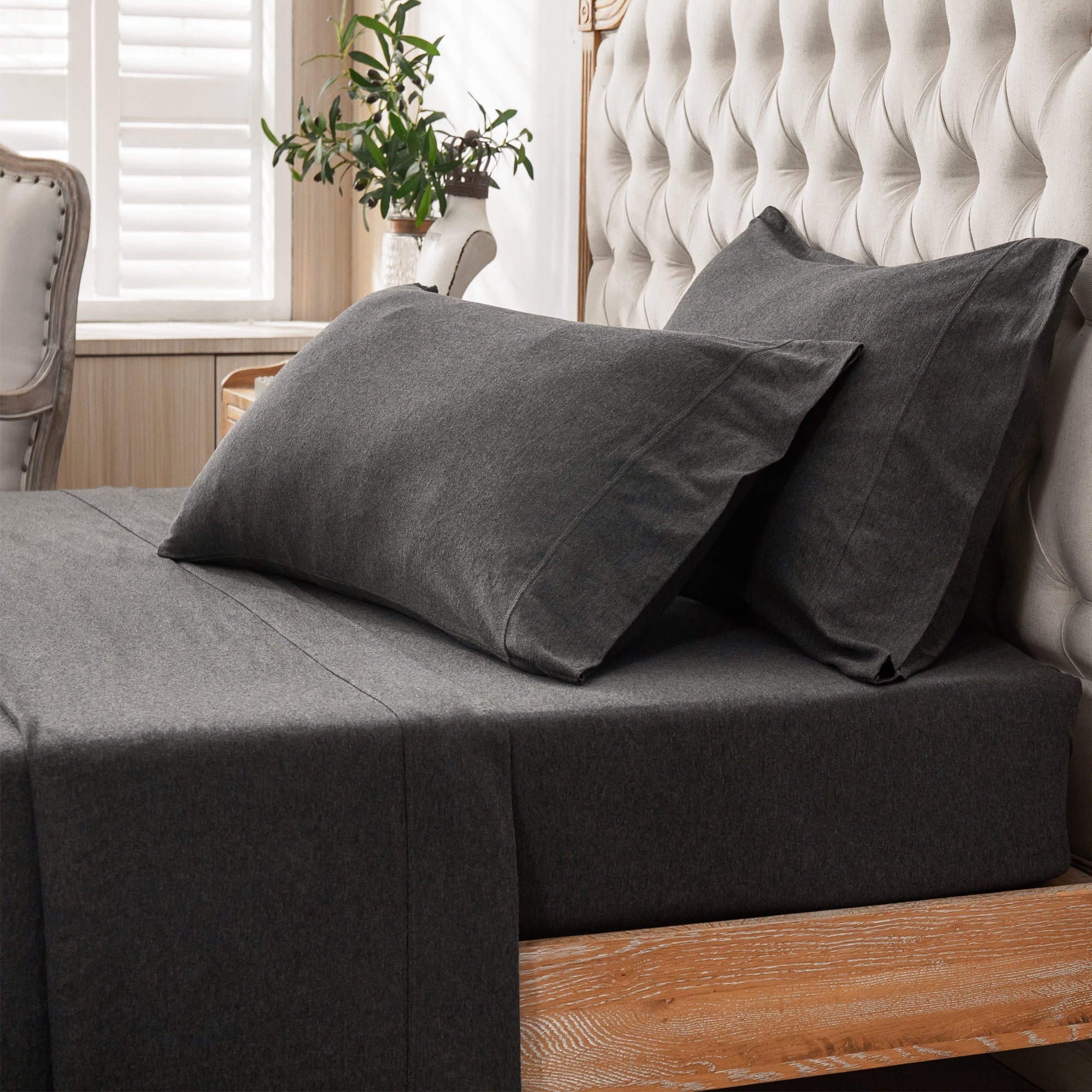 Cooling Sateen 100% Cotton Jersey Knit 4pc Bed Sheet Set Extra Deep Pocket up to 20" Charcoal Gray Queen - Luxury Bed Sheet Set with Deep Pockets Detail