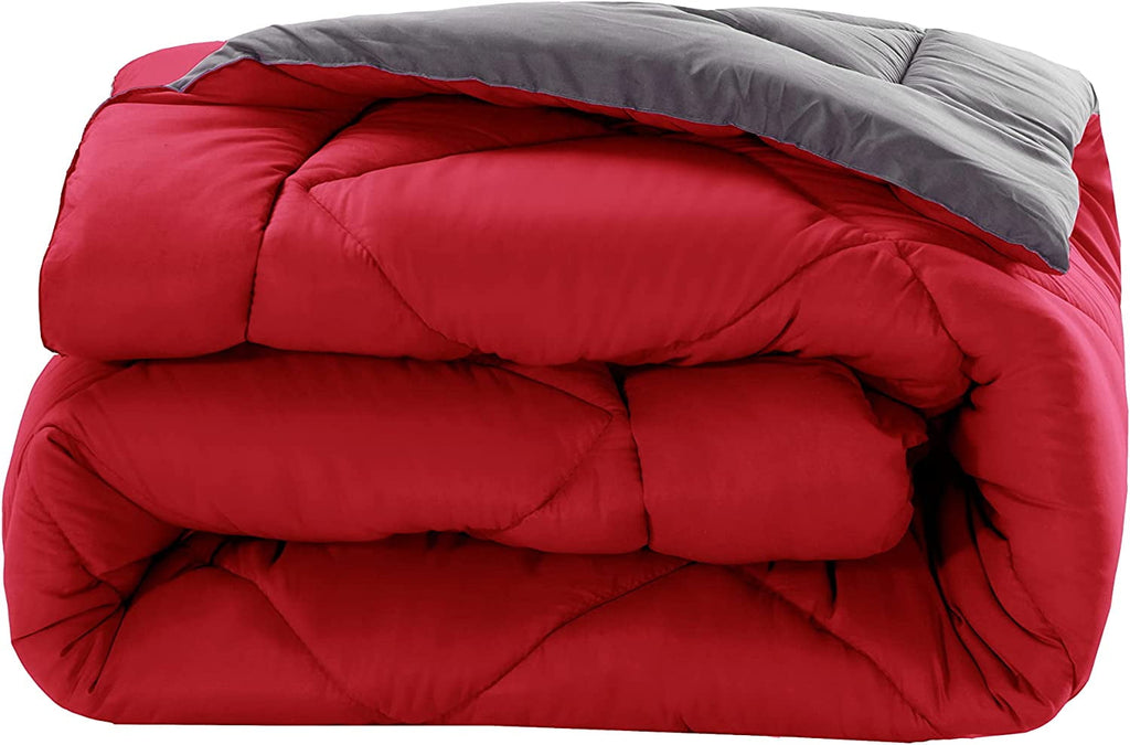 Hypoallergenic Cloud Reversible 3pc Comforter Set- Available In A Few Sizes And Colors , Full/Queen, Red/Gray - Luxurious Quilted Duvet Cover Set Detail