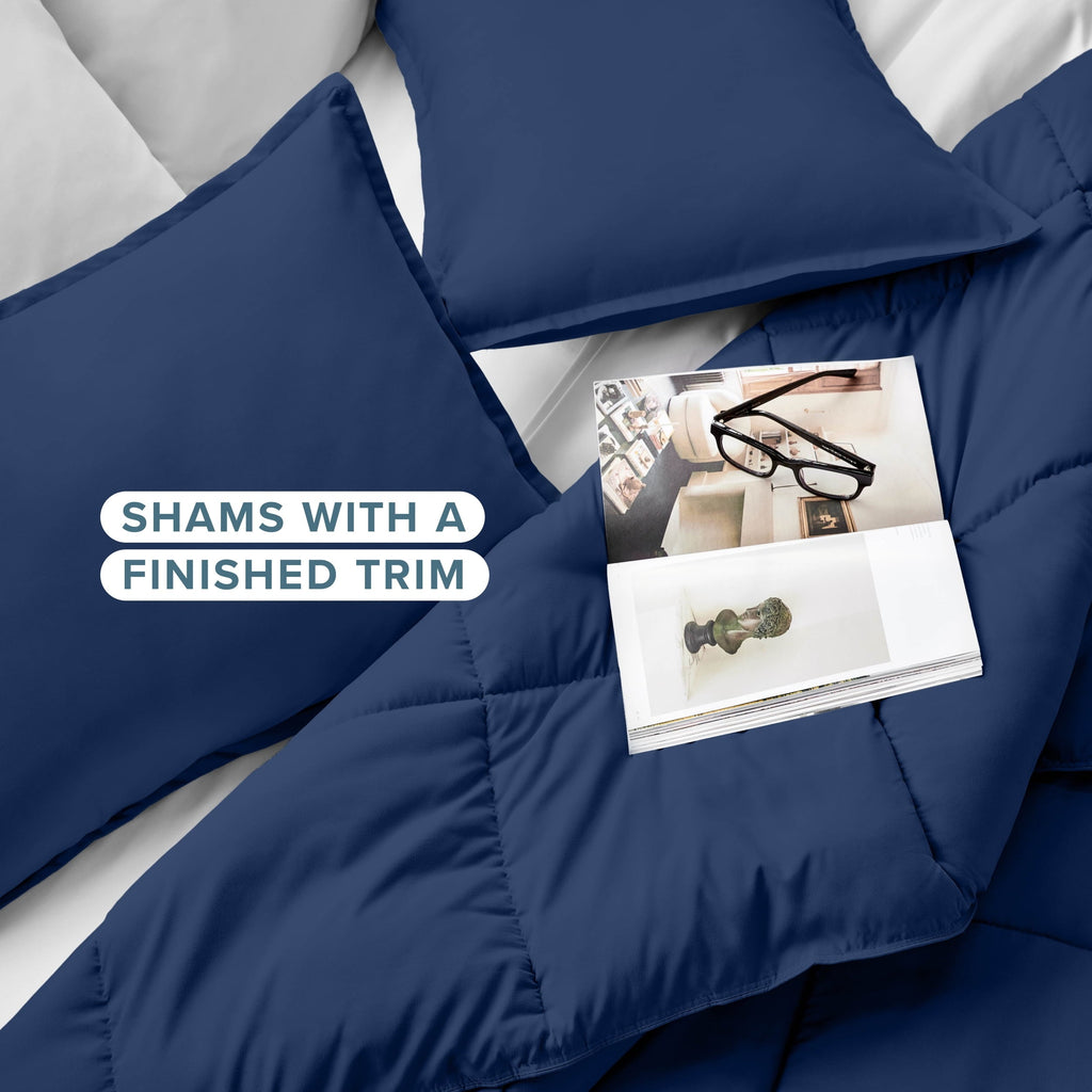 All-Season Down Alternative Comforter Set - 3-Pieces - All Seasons - Queen, Dark Blue - Luxurious Quilted Duvet Cover Set Detail