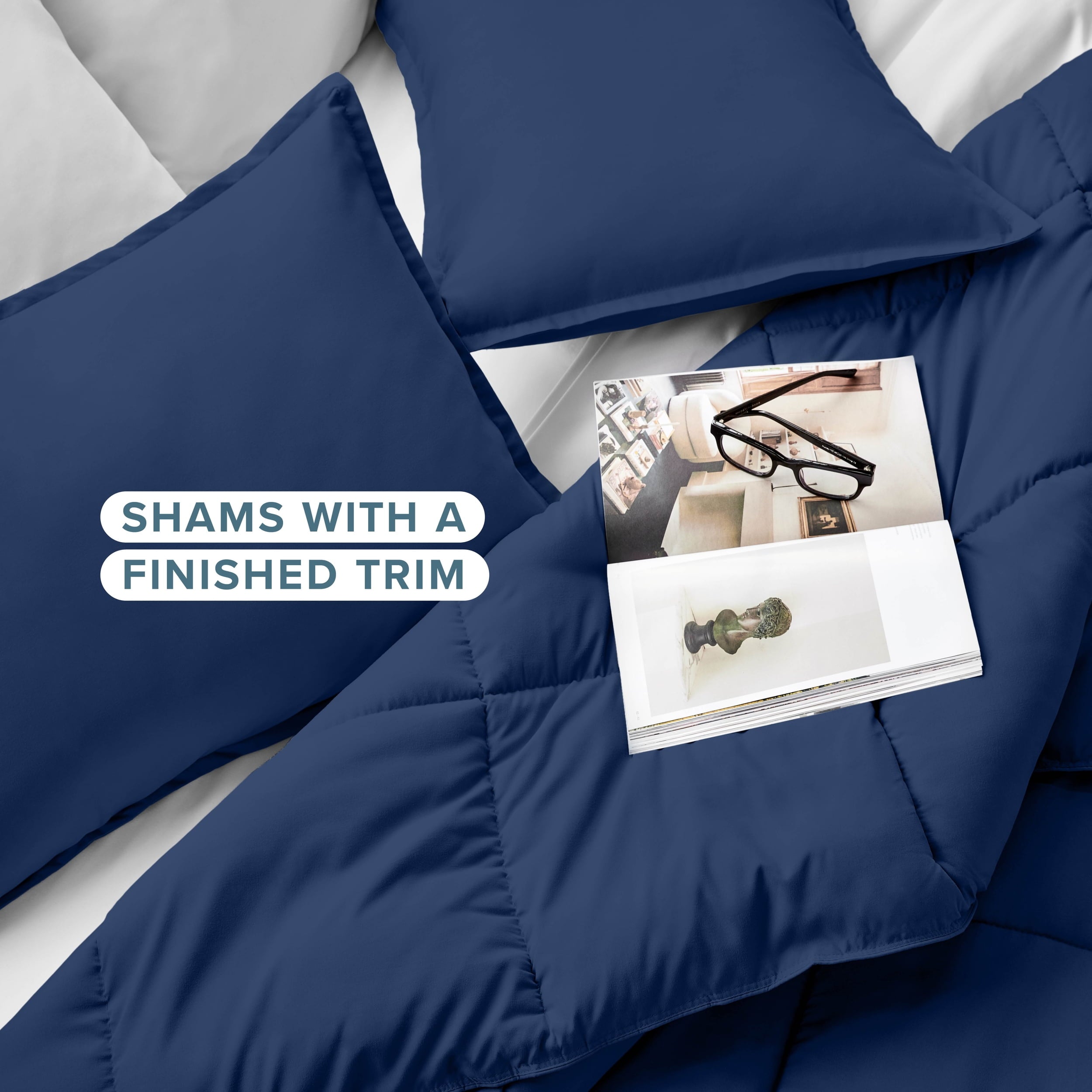 All-Season Down Alternative Comforter Set - 3-Pieces - All Seasons - Queen, Dark Blue - Luxurious Quilted Duvet Cover Set Detail