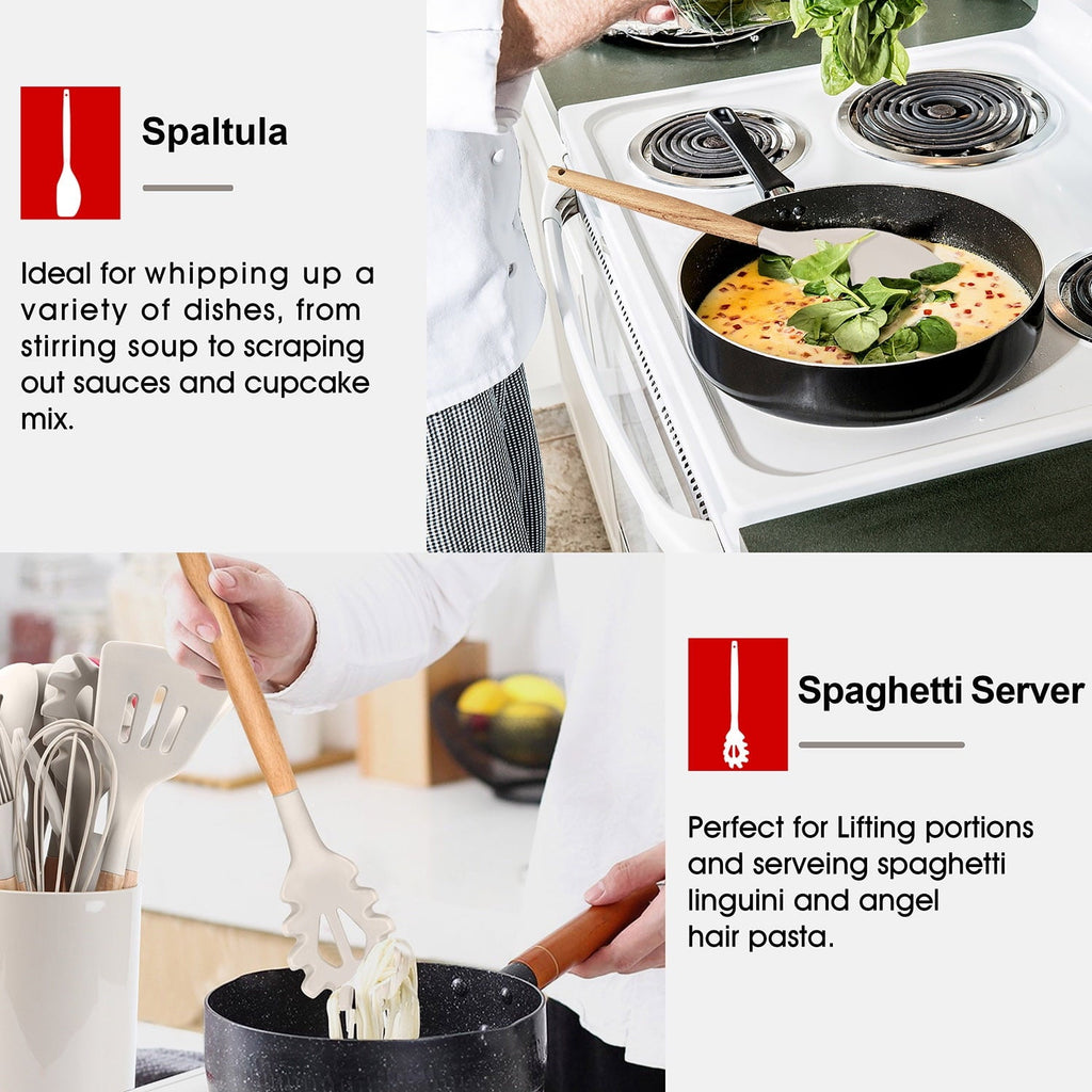 Heat-Resistant Kitchen Utensils Set of 6, Silicone Cooking Utensils with Wooden Handle, Non-Stick Cookware & Heat Resistant, Include... - Premium Stainless Steel Cooking Utensil for Non-Stick Pots Detail