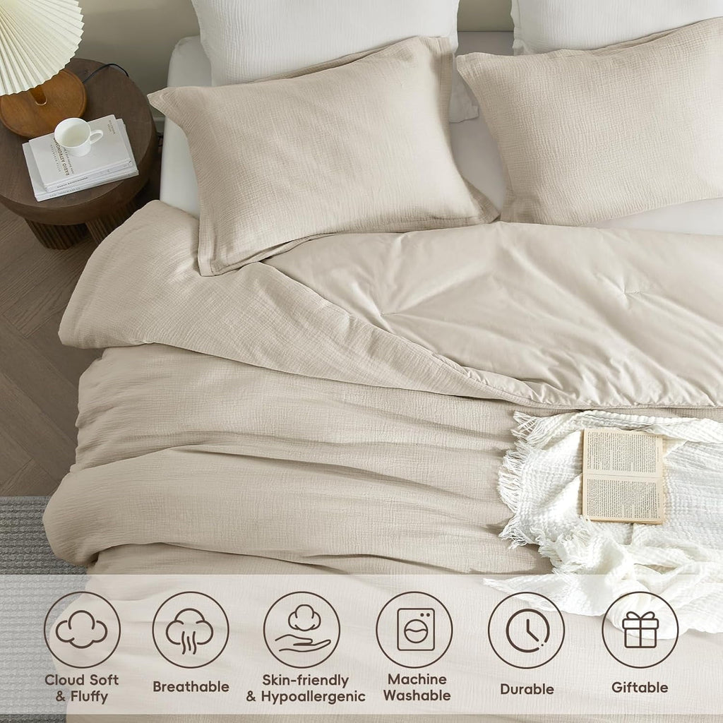 Heavyweight Warmth Cotton Muslin Comforter Set Queen Size, Ultra Soft Breathable & Lightweight Bedding Set for All Seasons, 1 Comfy Comf... - Luxurious Quilted Duvet Cover Set Detail