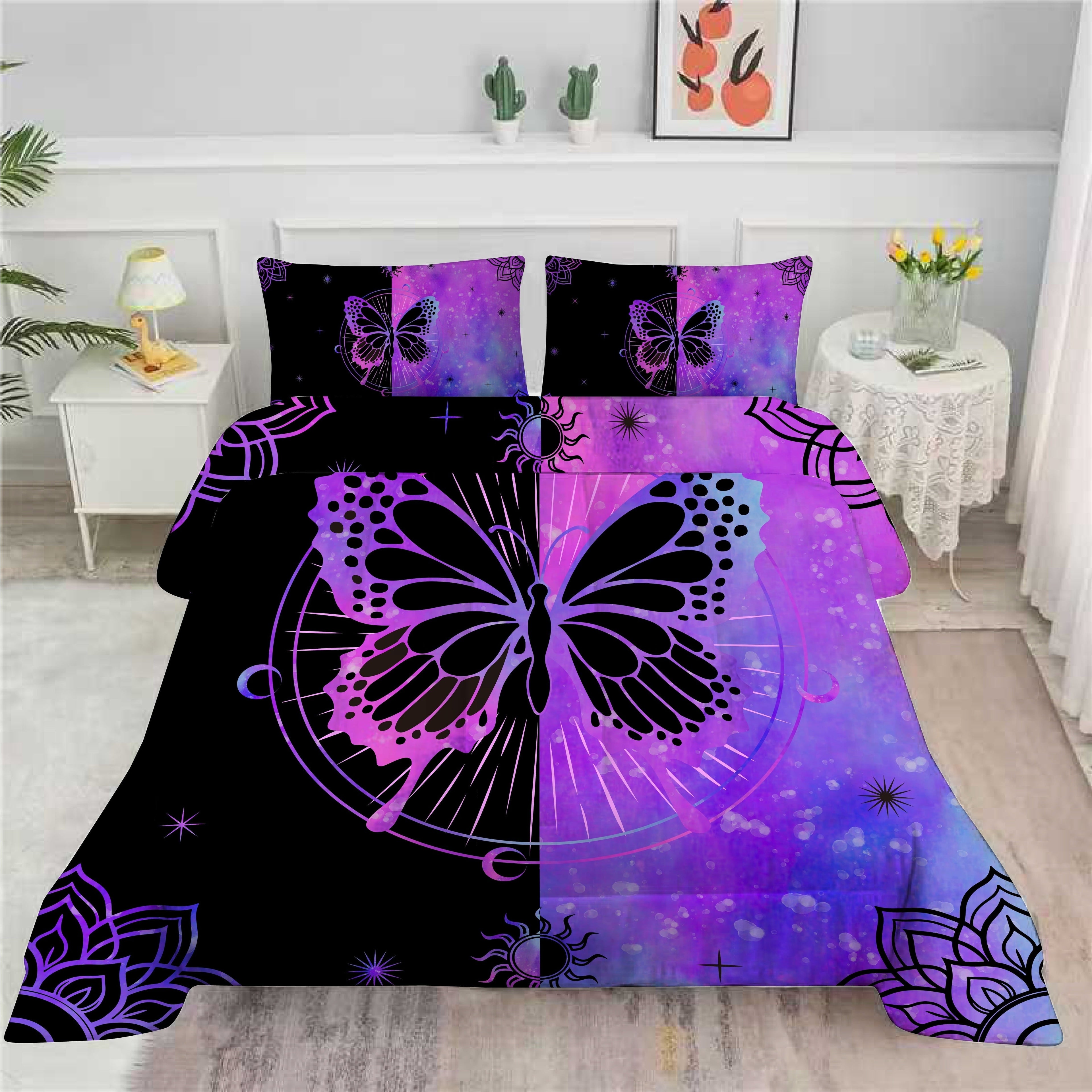 Hypoallergenic Cloud Butterfly Comforter Set Full Size for Girls Kids Teens Black Blue Purple Tie Dye Bedding Set 3 Pieces - Luxurious Quilted Duvet Cover Set Detail