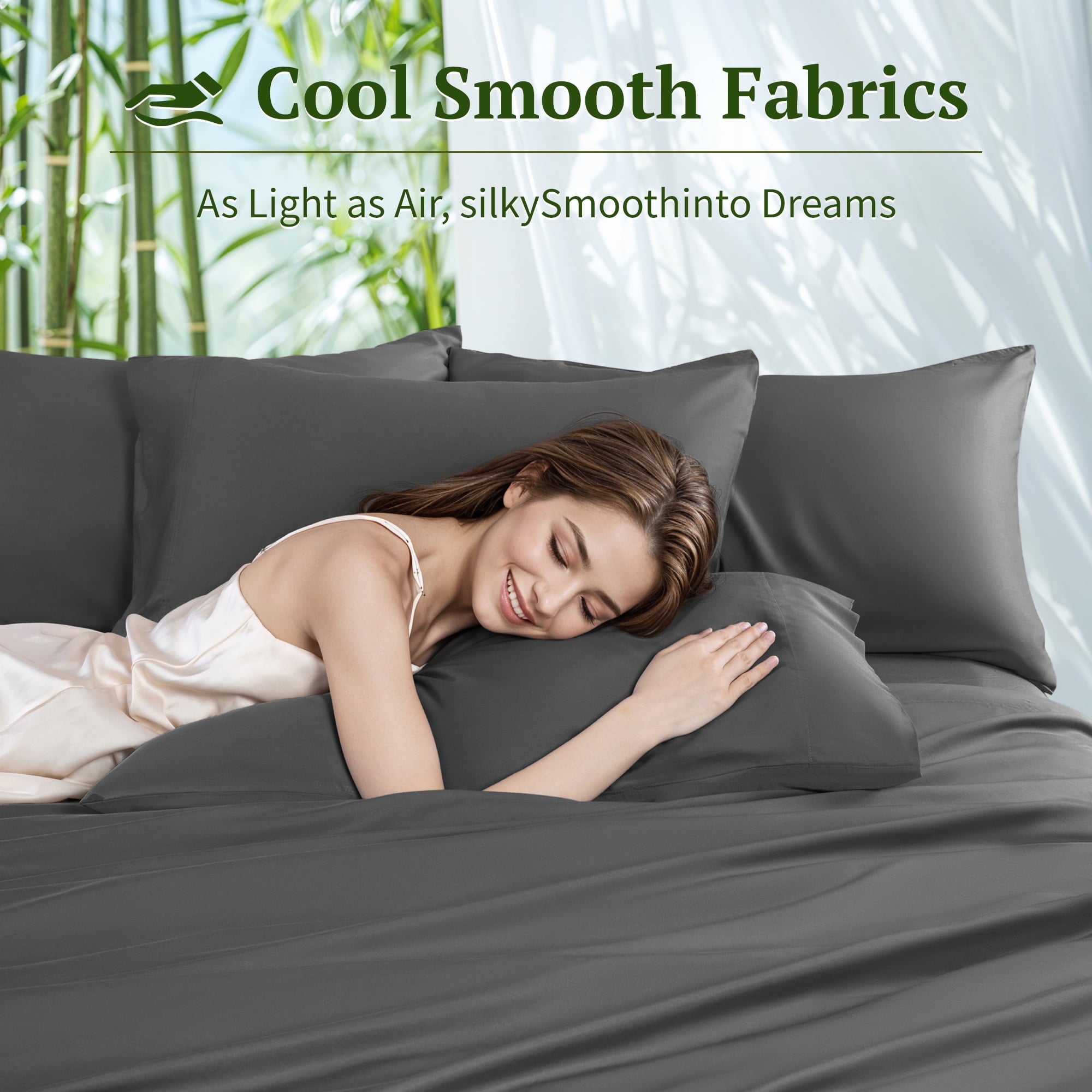 Cooling Sateen 6 Pieces Bamboo Bed Sheets Set, Luxury Rayon Derived - Deep Pockets - Wrinkle Free - Extremely Soft, Queen, Dark Gray - Premium Ultra-Soft Pillowcase Pair for Sleeping Detail