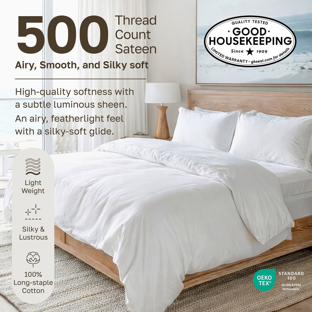 Ultra-Soft 500-Thread-Count 100% Cotton Sheet White Queen-Sheets Set, 4-Piece Extra Long-Staple Combed Cotton Bedding Sheets for... - Cooling Hotel Quality Bedding Sheets and Pillowcases Detail