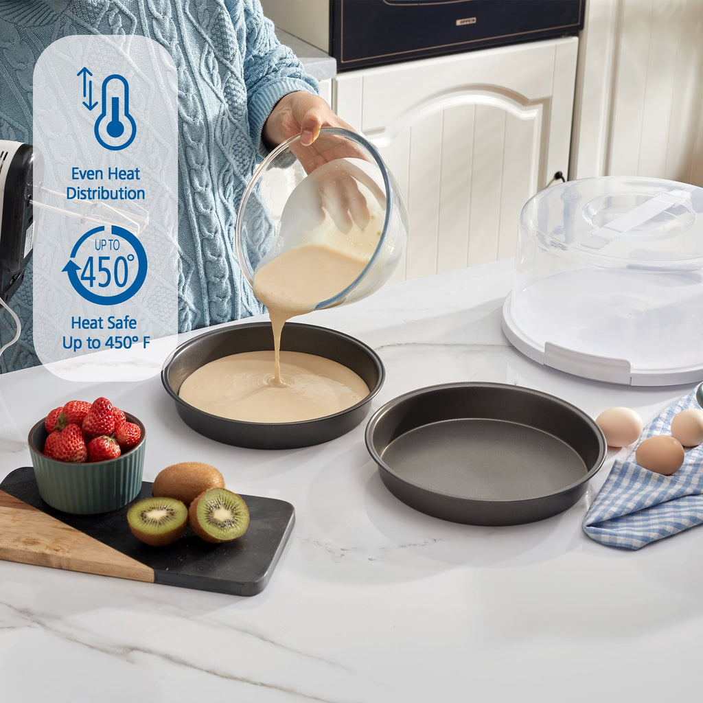 Time-Saving 12 inch Clear Cake Carrier with 2pk 9 inch Gray Round Pans, Carbon Steel - Innovative Kitchen Helper for Modern Cooking Detail