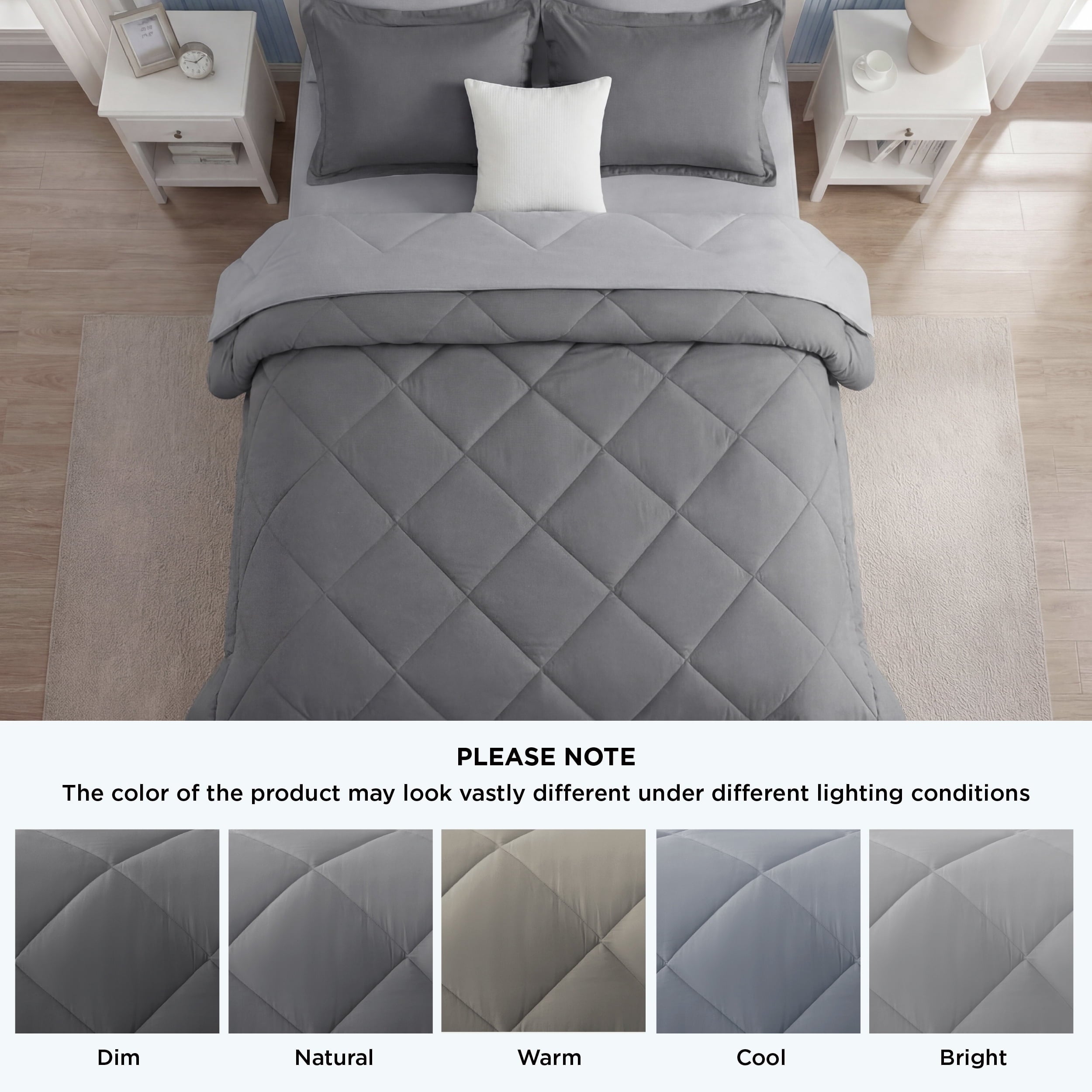 All-Season Queen Reversible Comforter Set - 7 Pieces Grey Bedding, Bed in a Bag with Alternative Comforter, Sheets, Pillowcases ... - All-Season Down Alternative Comforter Insert Detail