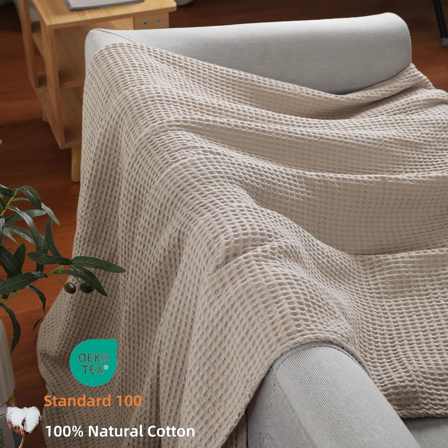 Decorative Knitted 100% Cotton Waffle Bed Blanket King Size, Throw Blanket for Couch All Seasons (Beige, 104x90) - Cozy Fleece Throw Blanket for Couch & Bed Detail