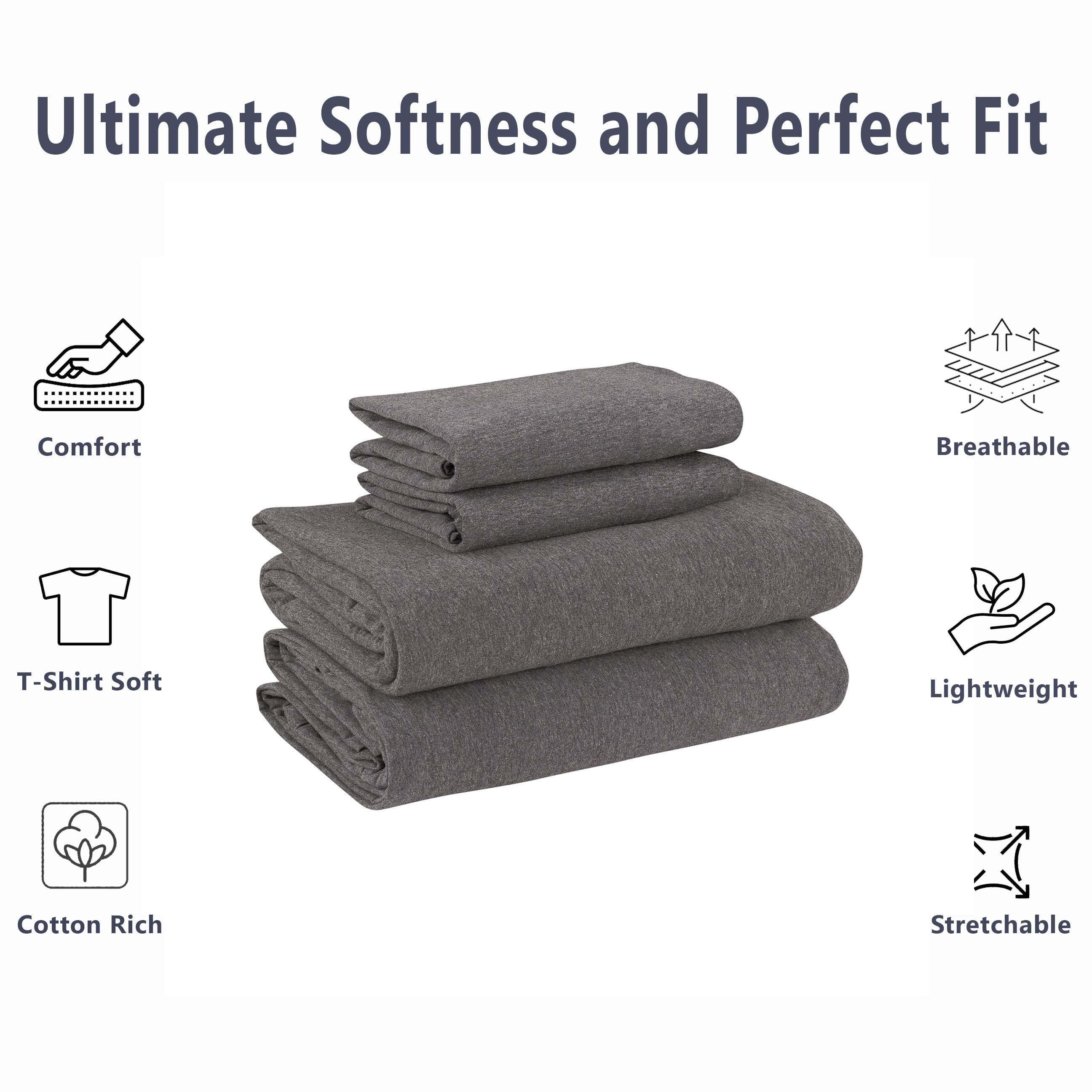 Cooling Sateen Cotton Rich Extra Soft Jersey Bed Sheet Set, Queen, Charcoal, 4 Pieces - Premium Ultra-Soft Pillowcase Pair for Sleeping Detail
