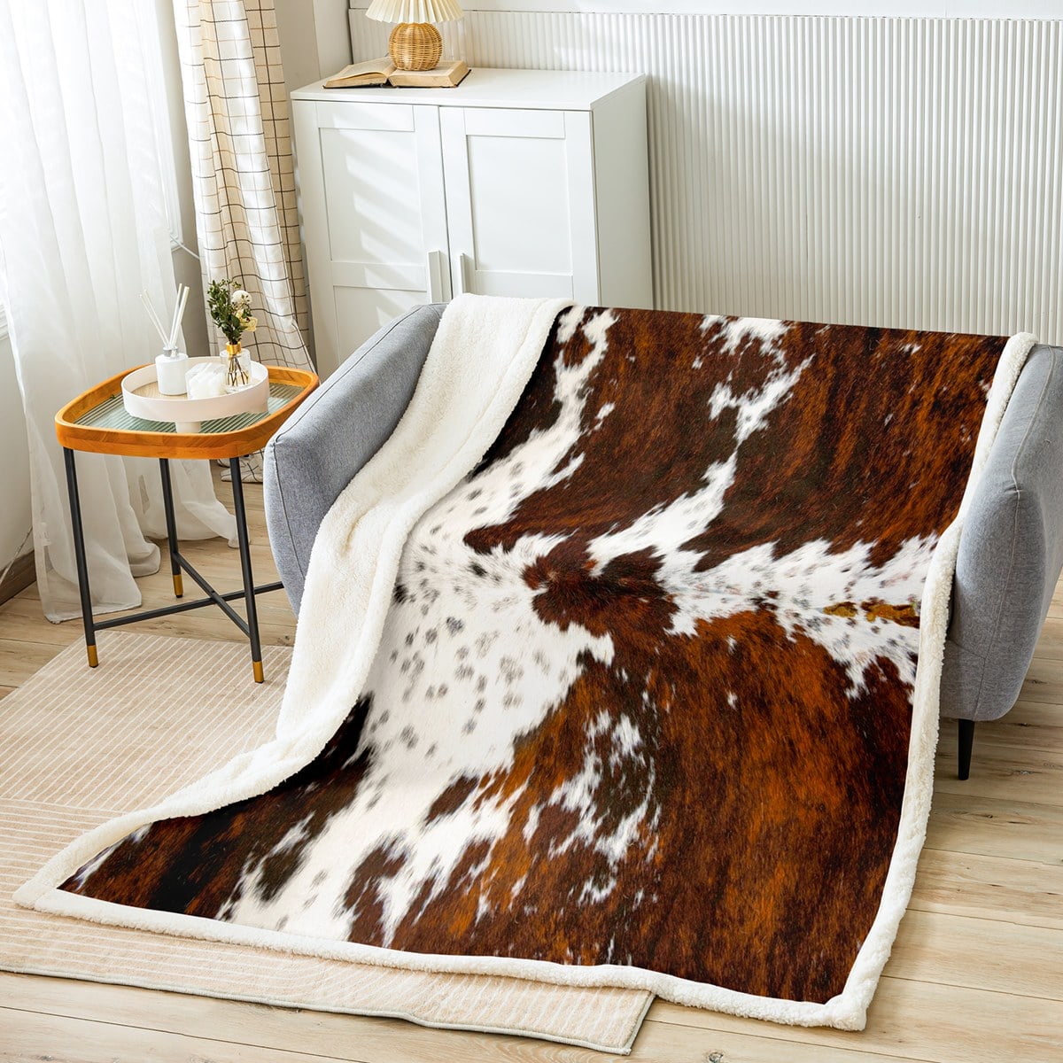 Decorative Knitted Milk Cow Print Throw Blanket for Bed Chair,Black Brown Cowhide Fleece Blanket 50"x60",Farmhouse Rustic Animal Skin We... - Lightweight Plush Warm Blanket for All Seasons Detail