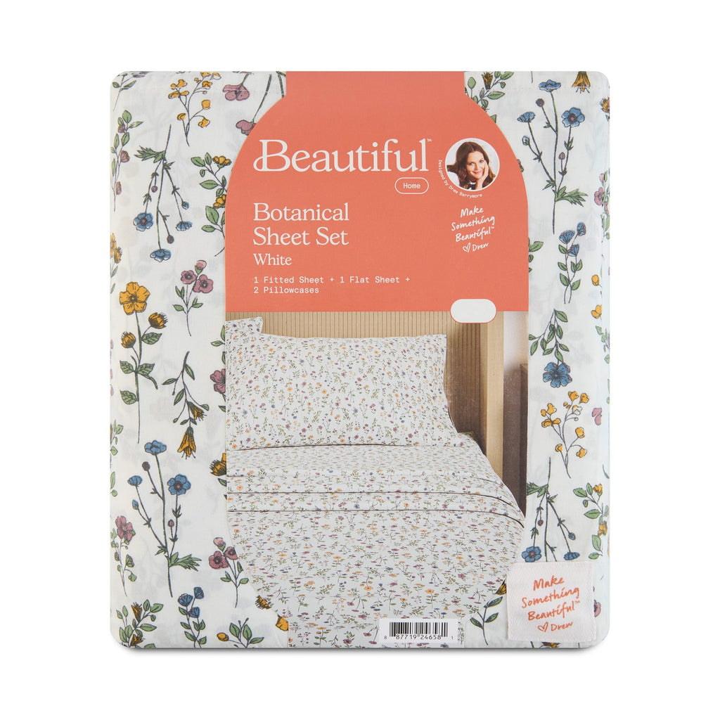Ultra-Soft Botanical 4-Piece 100% Cotton Washed Percale White Sheet Set, Queen - Luxury Bed Sheet Set with Deep Pockets Detail