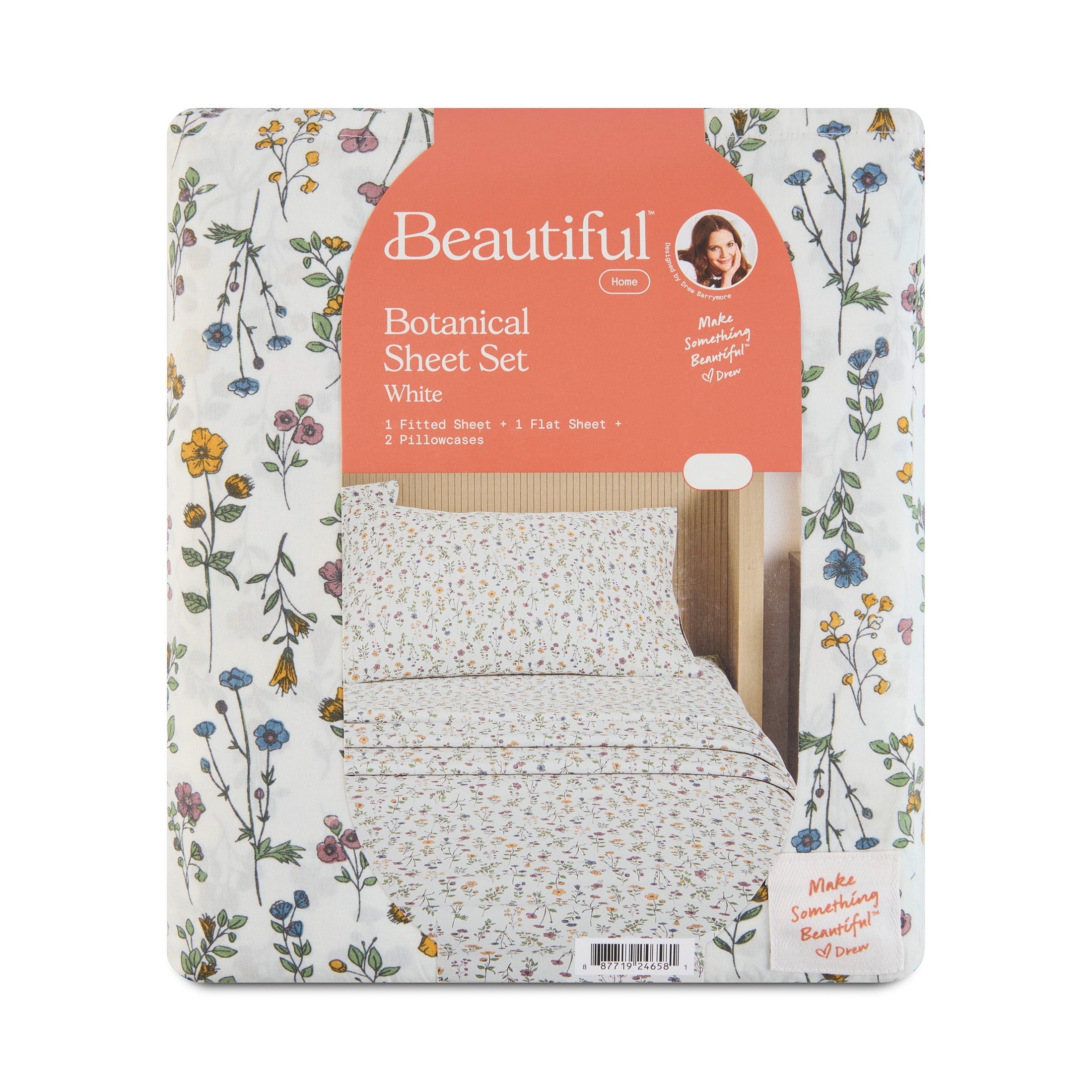 Ultra-Soft Botanical 4-Piece 100% Cotton Washed Percale White Sheet Set, Queen - Luxury Bed Sheet Set with Deep Pockets Detail