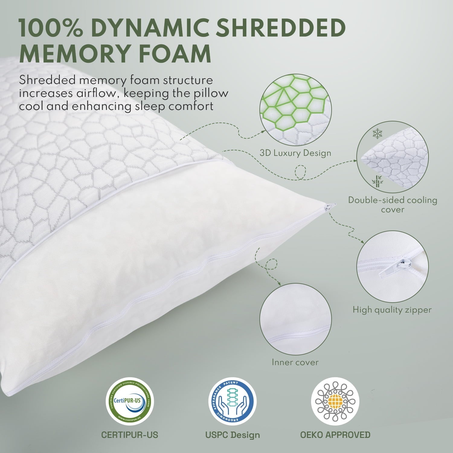 Orthopedic Support Cooling Memory Foam Queen Pillows for bed 2 Pack,Adjustable Support & Heat Dissipation Tech for Side,Back,Stomach & H... - Orthopedic Shredded Foam Bed Pillow Set Detail