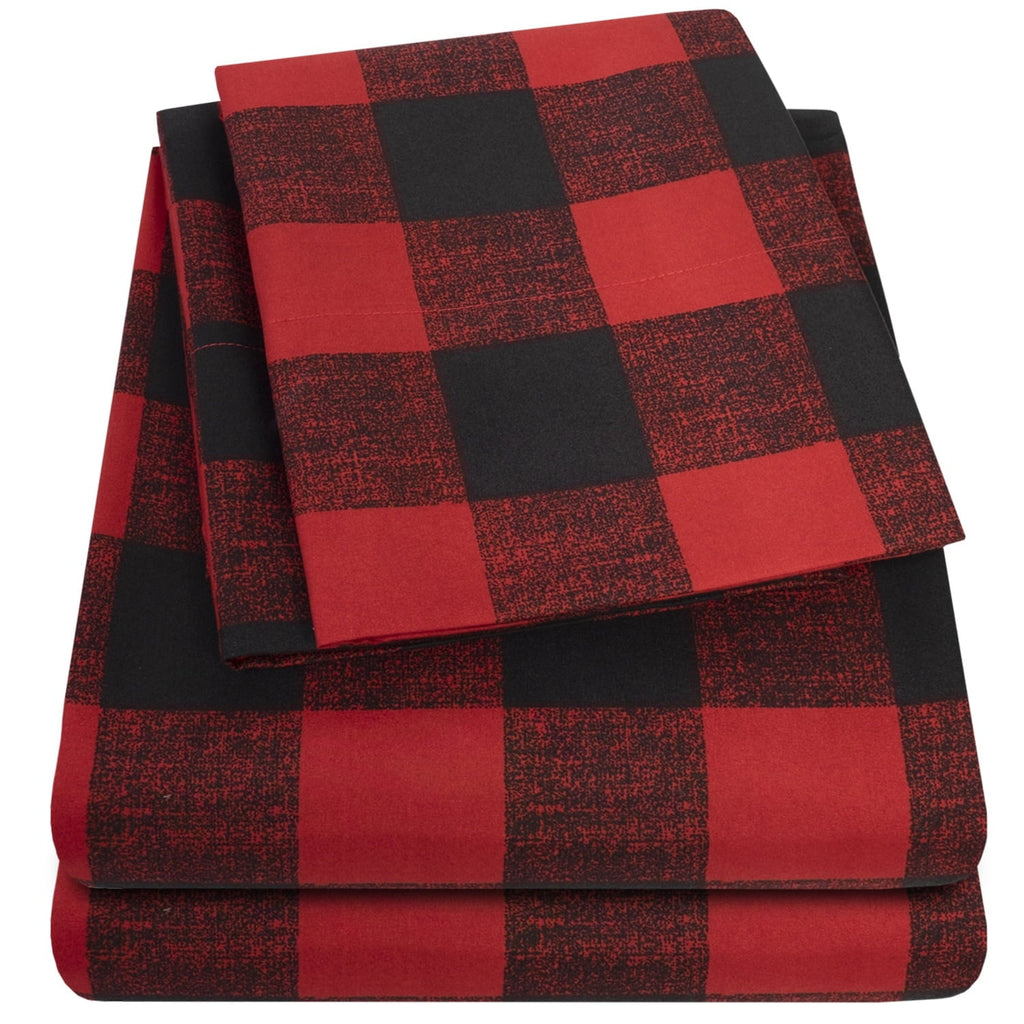 Premium Egyptian Cotton Buffalo Plaid Black and Red 4 Piece Bed Sheet Set - Twin - Breathable Egyptian Cotton Flat & Fitted Sheets Detail