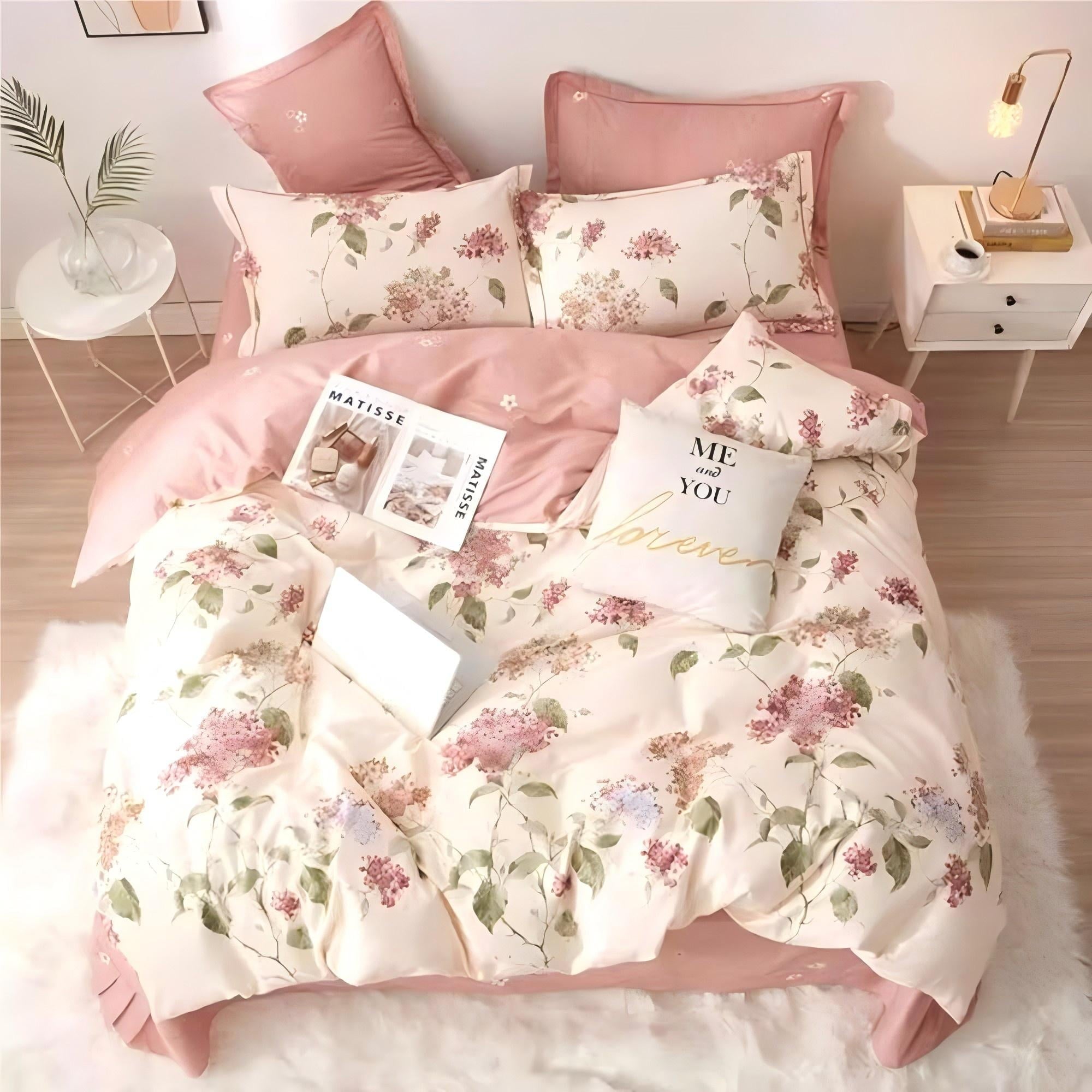 All-Season White with Pink Flowers King Comforter Sets, 3 Pieces Chic Garden Style Reversible Bedding Sets for Adults All Season - Cloud-Like Soft Lightweight Bed Comforter Detail