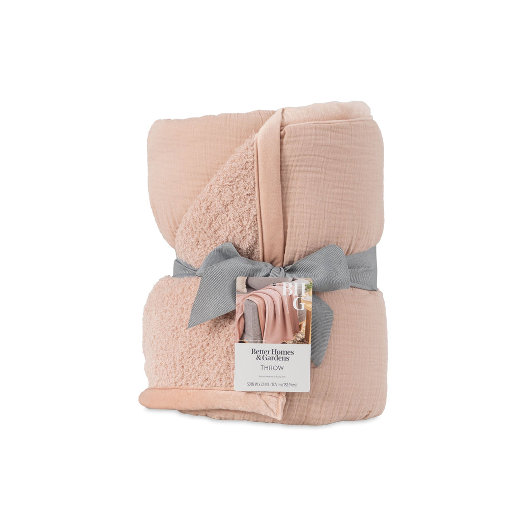 Reversible Sherpa Gauze Reverse to Cozy Knit Super Soft Throw Blanket, Oversized, Antique Blush - Super Soft Reversible Sherpa Flannel Blanket Detail
