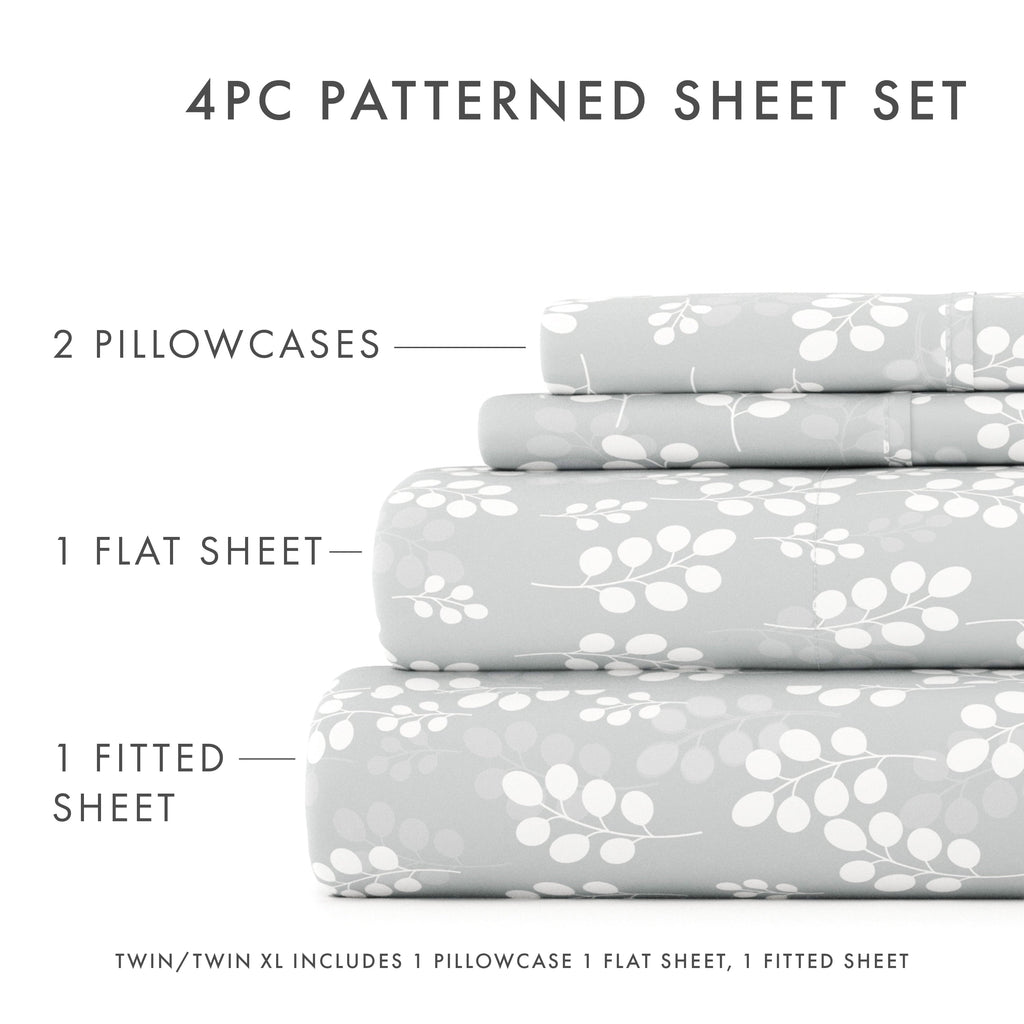 Cooling Sateen 4 Piece Pattern Microfiber Bed Sheets Set, Gray Wheat, Full - Luxury Bed Sheet Set with Deep Pockets Detail