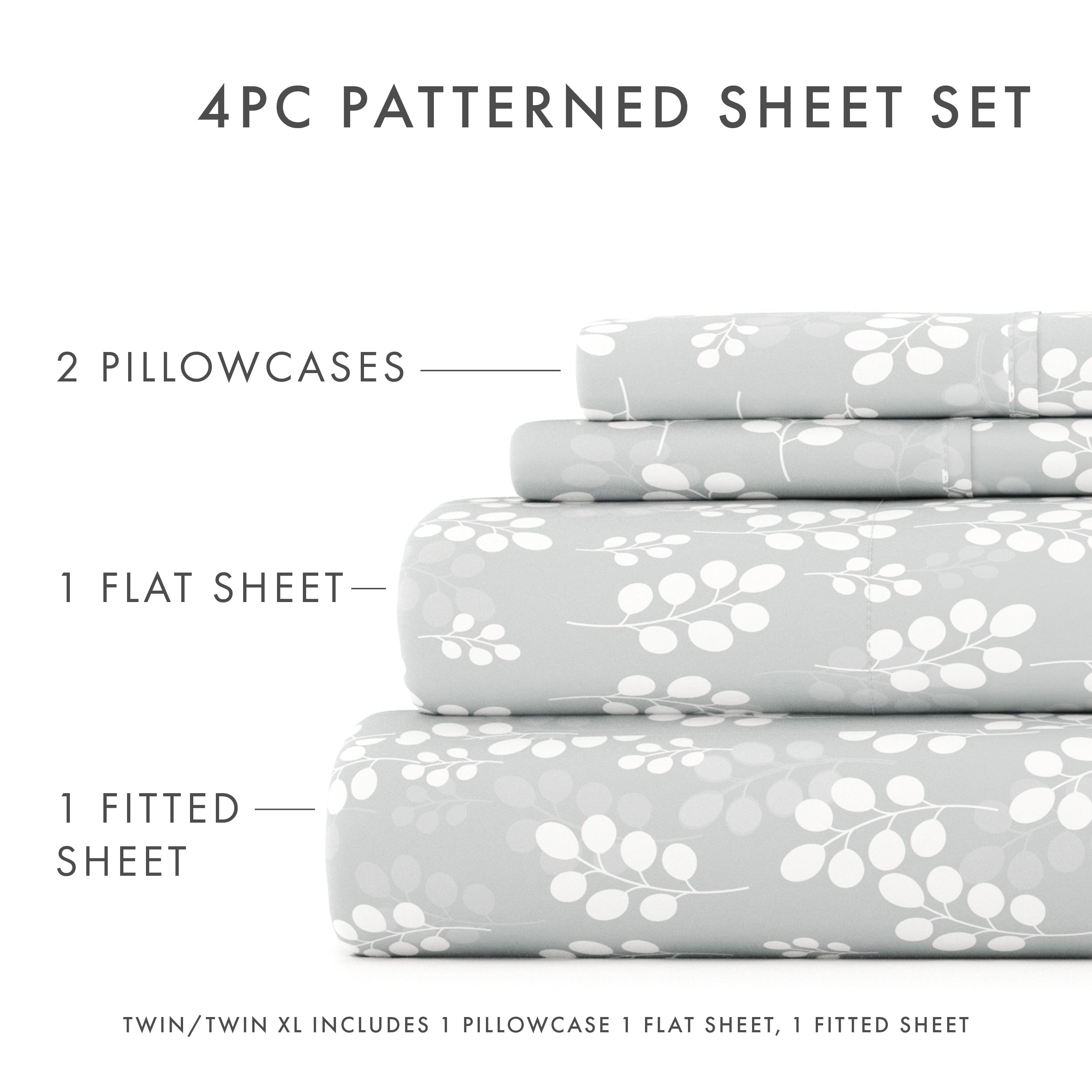 Cooling Sateen 4 Piece Pattern Microfiber Bed Sheets Set, Gray Wheat, Full - Luxury Bed Sheet Set with Deep Pockets Detail