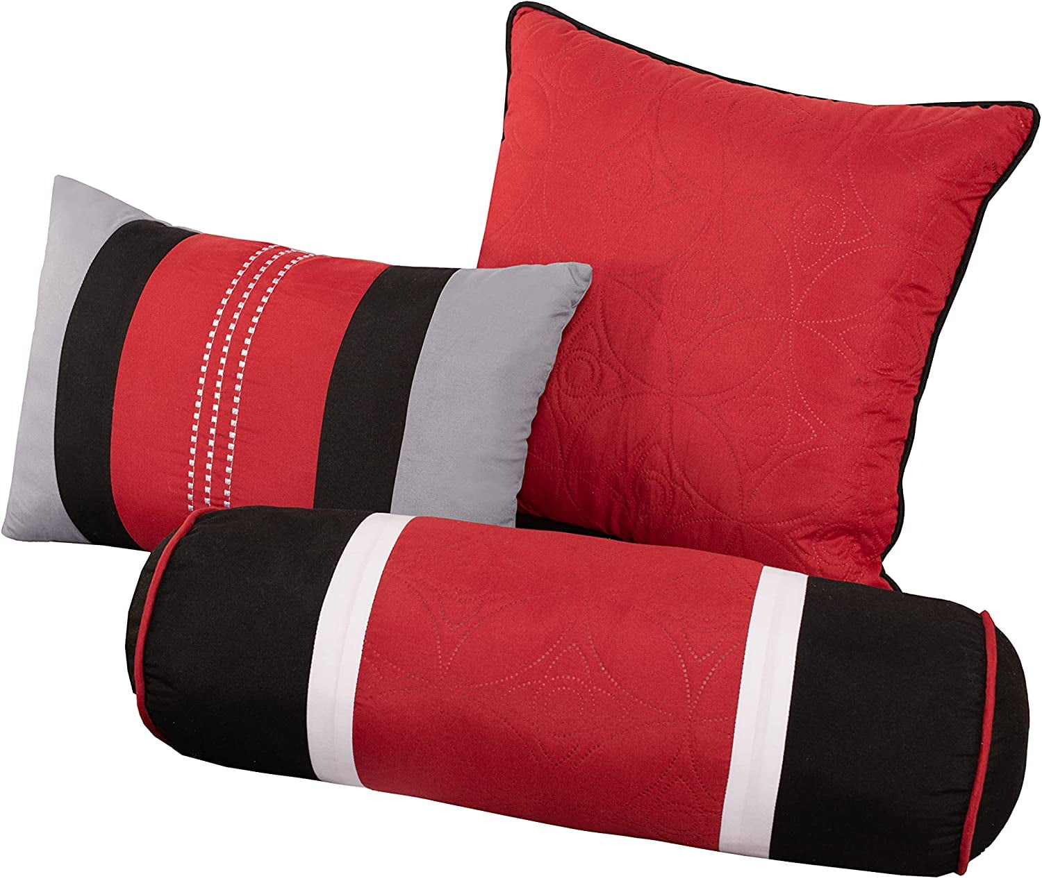 Hypoallergenic Cloud 7-Piece Medallion Patchwork Comforter Set, Full, Red/Gray/Black - Luxurious Quilted Duvet Cover Set Detail