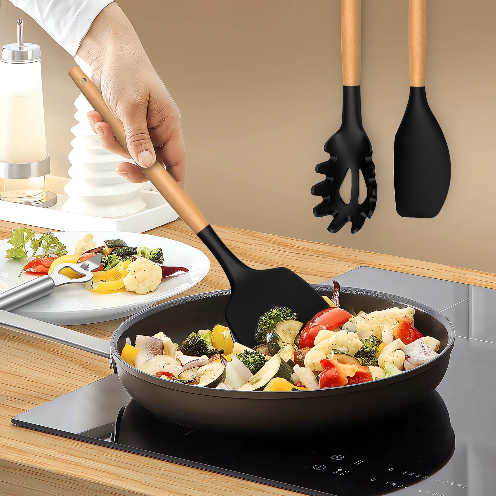 Premium Silicone Silicone Cooking Utensils Set - Silicone Kitchen Utensils for Cooking Wooden Handles, 446°F Heat Resistant Kitchen Ut... - Premium Stainless Steel Cooking Utensil for Non-Stick Pots Detail