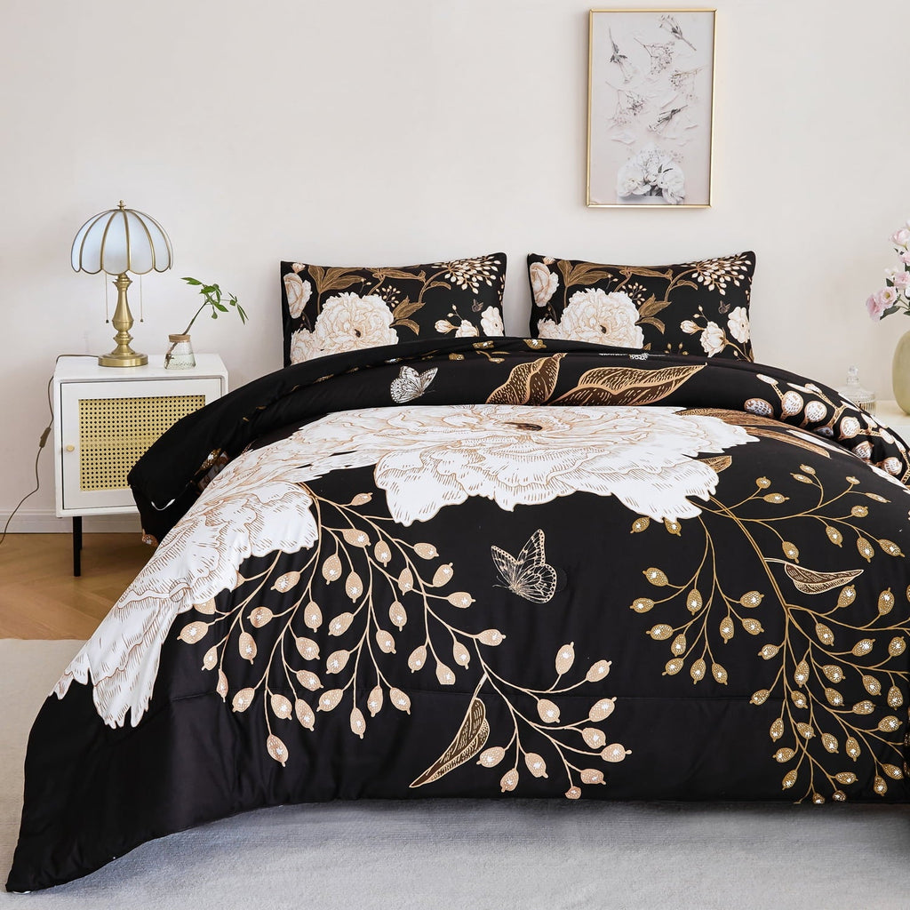 Heavyweight Warmth Black Floral Comforter Set Queen, Printed Comforter White Flowers Butterfly Bedding Set, 3 Pieces Botanical Reversibl... - All-Season Down Alternative Comforter Insert Detail