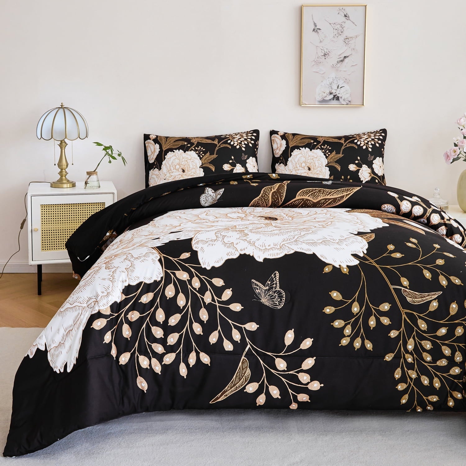 Heavyweight Warmth Black Floral Comforter Set Queen, Printed Comforter White Flowers Butterfly Bedding Set, 3 Pieces Botanical Reversibl... - All-Season Down Alternative Comforter Insert Detail