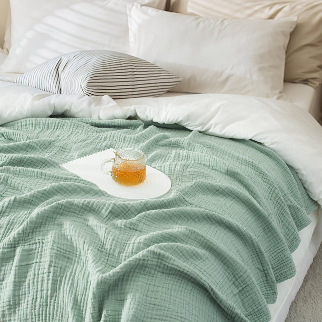 Reversible Sherpa 100% Cotton Muslin Throw Blanket Gauze Blankets for Adults Soft Throws for Bed and Couch, 50" x 70" Sage Green - Lightweight Plush Warm Blanket for All Seasons Detail