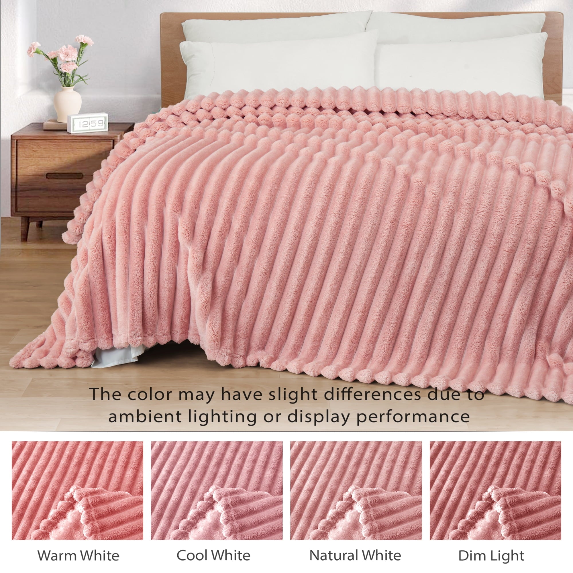 Super Soft Flannel Fleece Throw Blanket for Couch, Super Soft 3D Striped Jacquard Blanket, Lightweight Fuzzy Cozy Blankets, Pink, 50"x60" - Super Soft Reversible Sherpa Flannel Blanket Detail