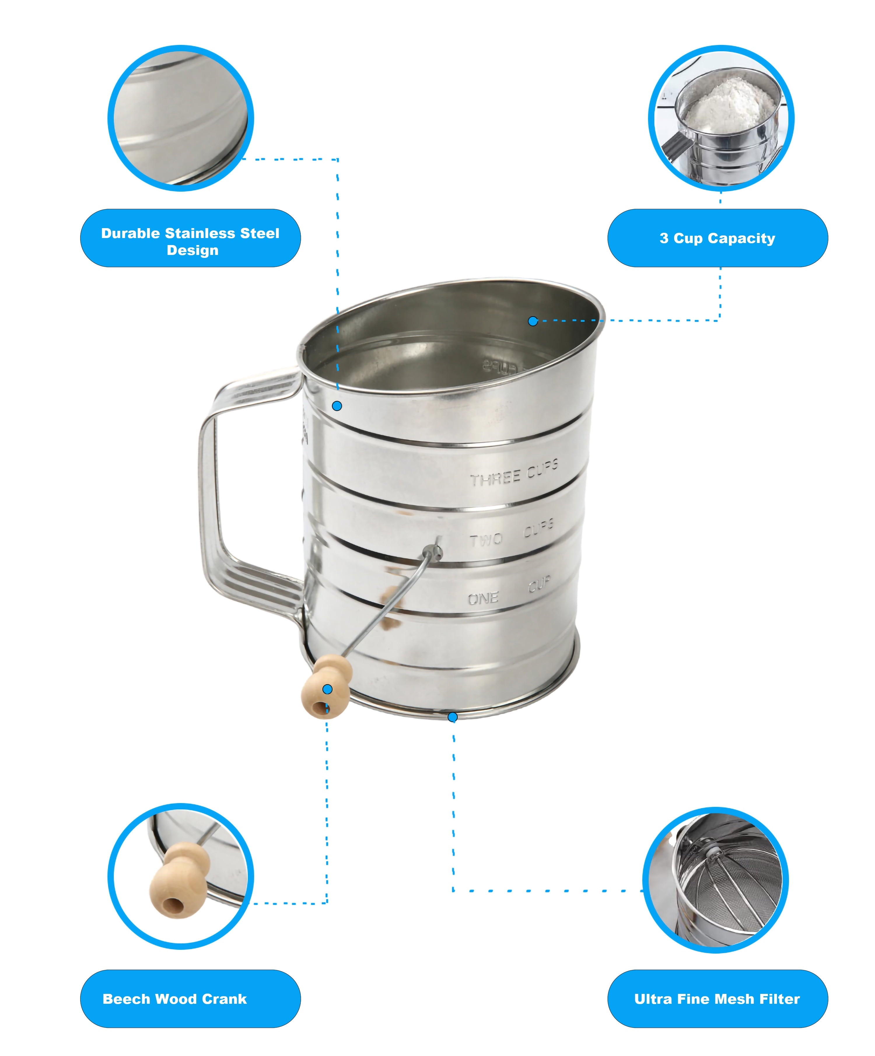 Multi-Functional Stainless Steel 3 Cup Flour Hand-Crank Sifter with Beechwood Handle Silver - Kitchen Gadget Tool for Quick Food Prep Detail