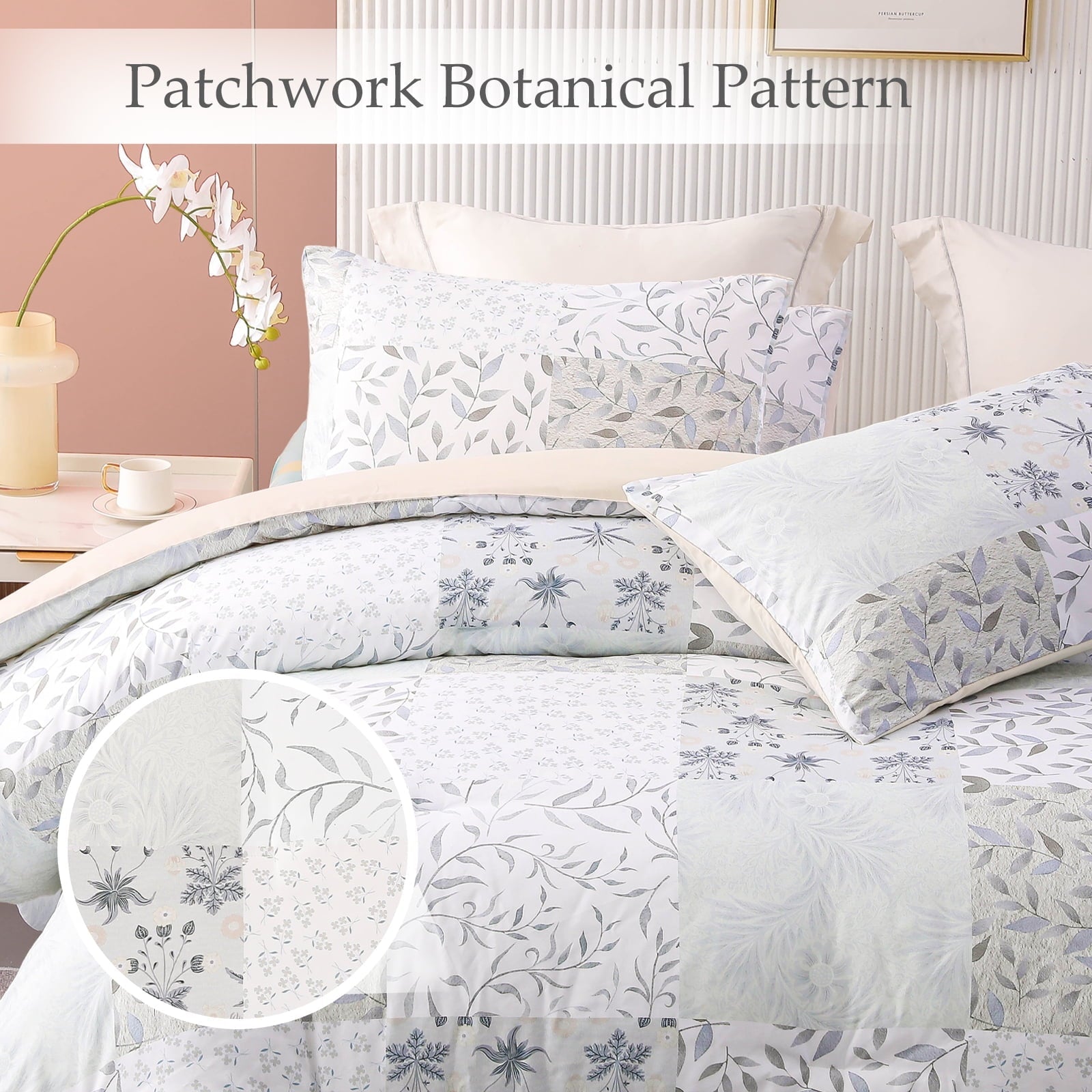 Fluffy Down Alternative 3-Piece Patchwork King Size Comforter Set, Microfiber Bedding Down Alternative Comforter for All Seasons with 2 Pillo... - Luxurious Quilted Duvet Cover Set Detail