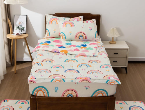 All-Season 3-Piece Kids Comforter Set Twin Zipper Bedding for Girls, Rainbow Comforter with Flower Pattern (Beige) - Hypoallergenic Ultra-Fluffy Quilt for Winter Detail