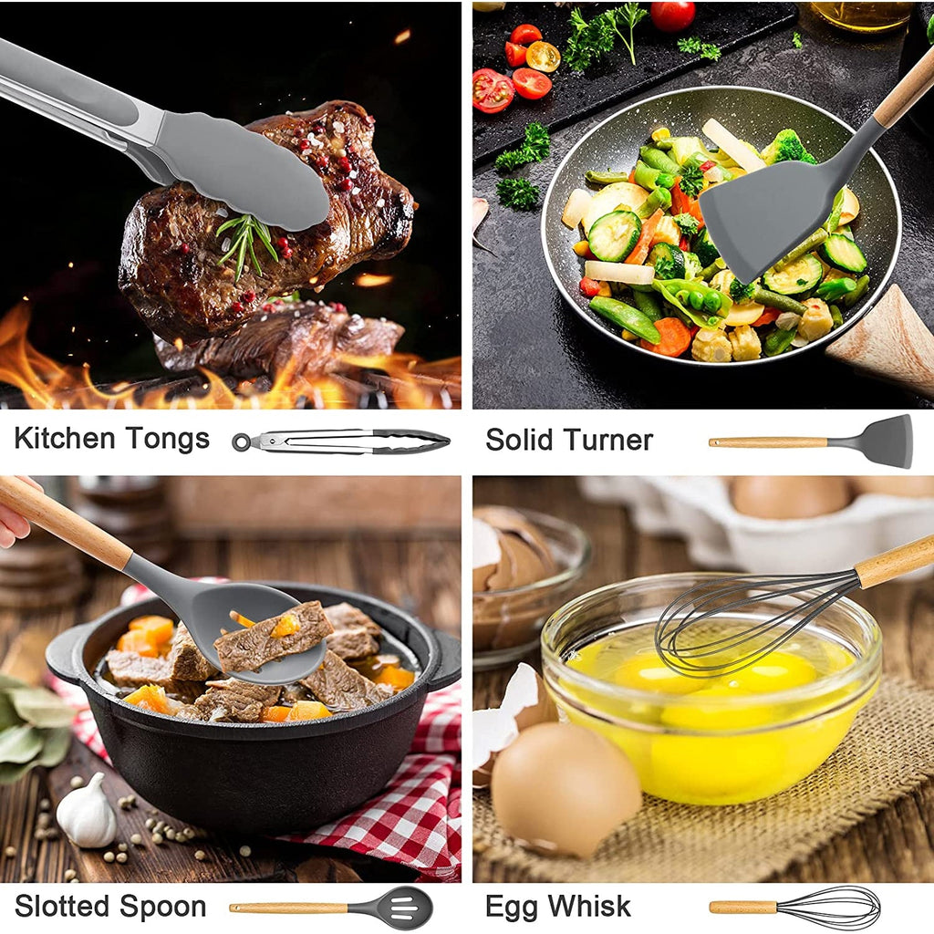 Seamless One-Piece Silicone Cooking Utensils Set, 446°F Heat Resistant Wooden Handle Cooking Kitchen Utensils Spatula Set with Holder fo... - Durable Turner & Ladle Utensil Set for Home Chefs Detail