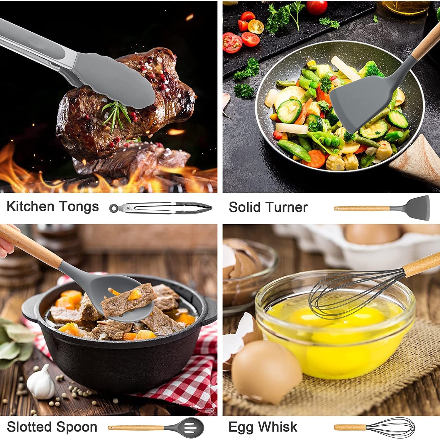 Seamless One-Piece Silicone Cooking Utensils Set, 446°F Heat Resistant Wooden Handle Cooking Kitchen Utensils Spatula Set with Holder fo... - Durable Turner & Ladle Utensil Set for Home Chefs Detail