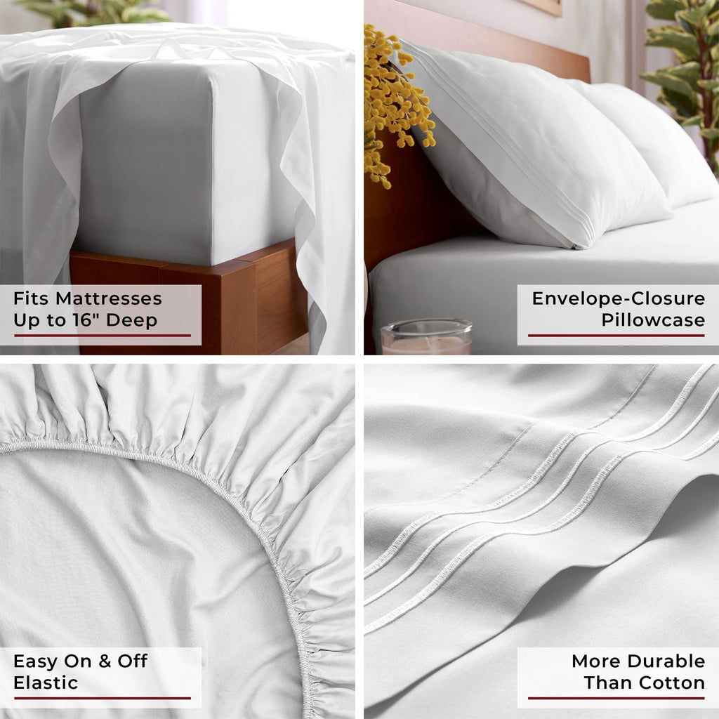 Premium Egyptian Cotton Iconic 6 Piece Bed Sheet Set Brushed Microfiber, Deep Pocket, Queen, White - Luxury Bed Sheet Set with Deep Pockets Detail