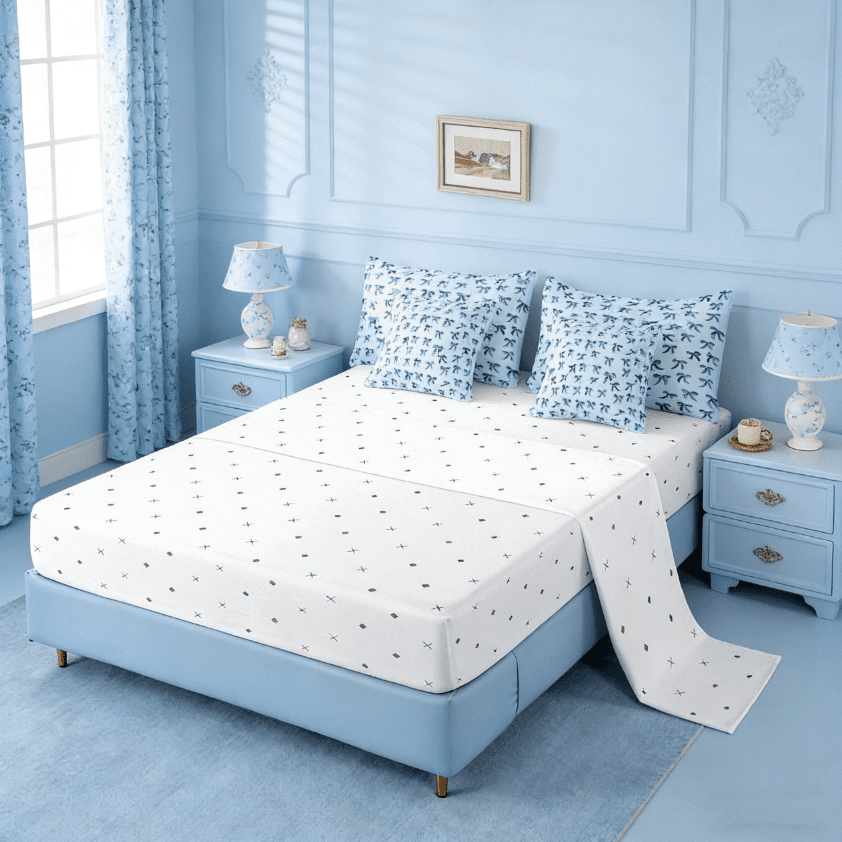 Luxurious Quilted Cute Bowknot Twin Bedding Sets 7-Piece,Girls Ribbon Bow Bedding Comforter Set,Dreamy Blue Sheet Sets For Girls,Super ... - Hypoallergenic Ultra-Fluffy Quilt for Winter Detail