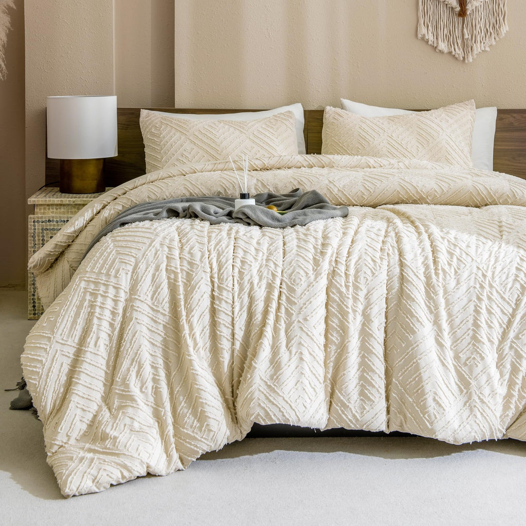 Luxurious Quilted King Size Comforter Sets Beige - 3 Pieces Cream Boho Bedding Comforter Set for King Bed - Soft Fluffy Tufted Textured... - Luxurious Quilted Duvet Cover Set Detail