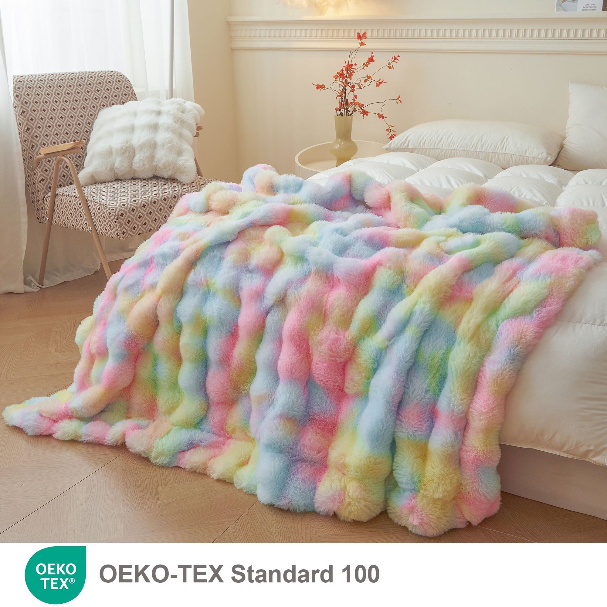 Decorative Knitted Fluffy Faux Rabbit Fur Bubble Throw, Rainbow Plush Shaggy Blanket for Couch Sofa Chair, Soft Tie Dye Furry Blanket Ad... - Lightweight Plush Warm Blanket for All Seasons Detail