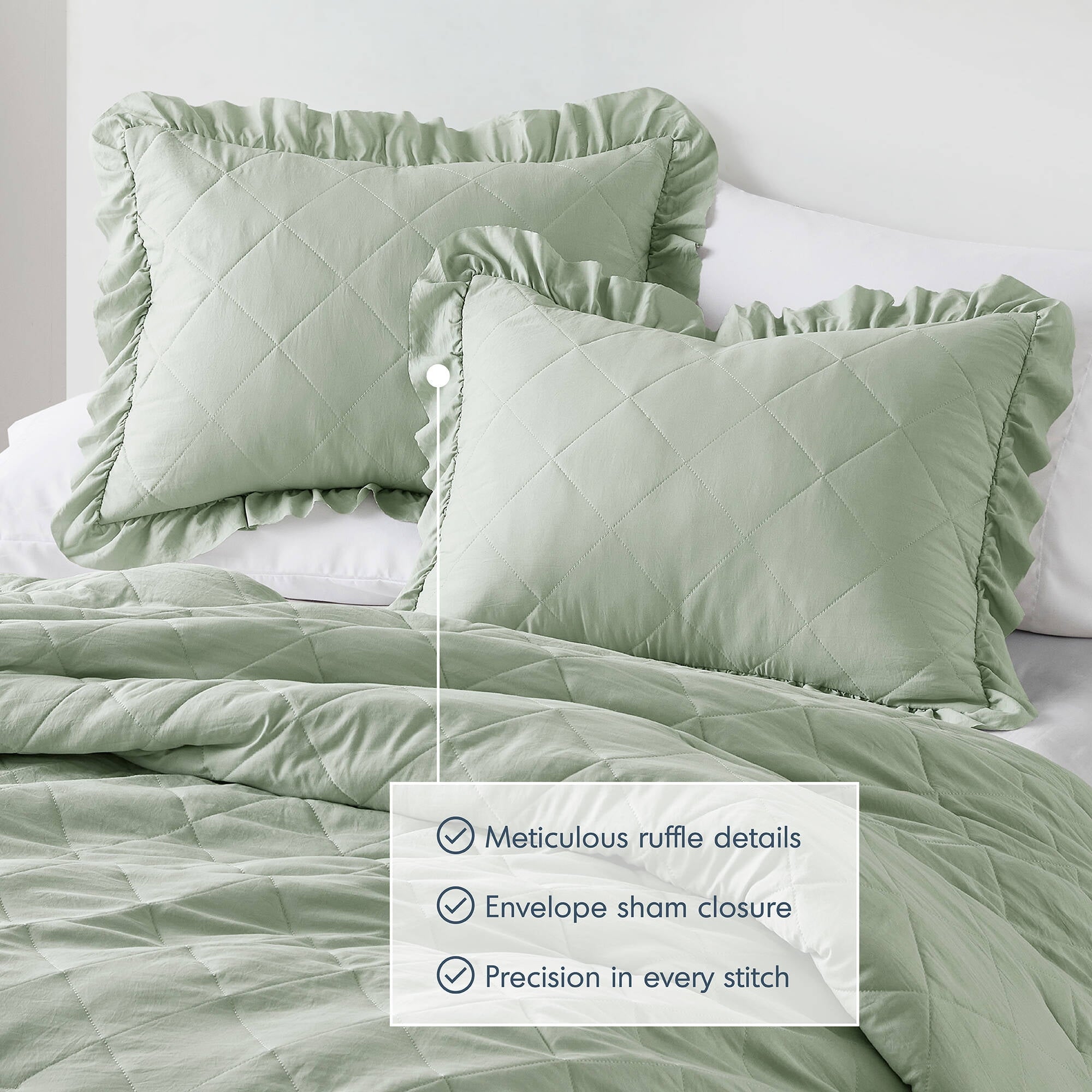Luxurious Quilted Full/Queen Comforter Set Sage, 3 Pieces Quilted Ruffle Comforters Full/Queen Size, Solid Bedding Comforters Sets, Gif... - Hypoallergenic Ultra-Fluffy Quilt for Winter Detail