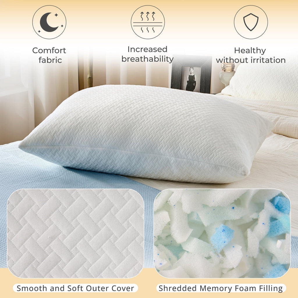 Orthopedic Support 2 Pack Bed Pillow, Shredded Gel Memory Foam Pillow, Standard Queen, Medium, Made in USA - Decorative Throw Pillow Cushion for Sofa & Bed Detail