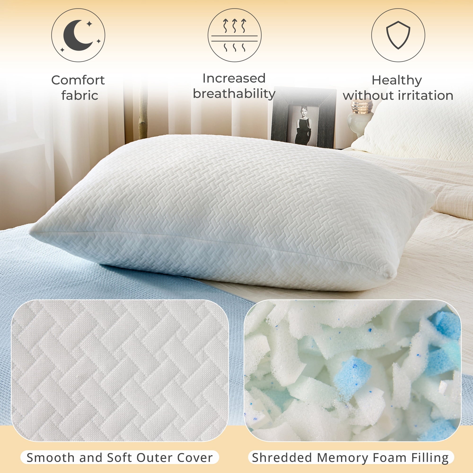 Orthopedic Support 2 Pack Bed Pillow, Shredded Gel Memory Foam Pillow, Standard Queen, Medium, Made in USA - Decorative Throw Pillow Cushion for Sofa & Bed Detail