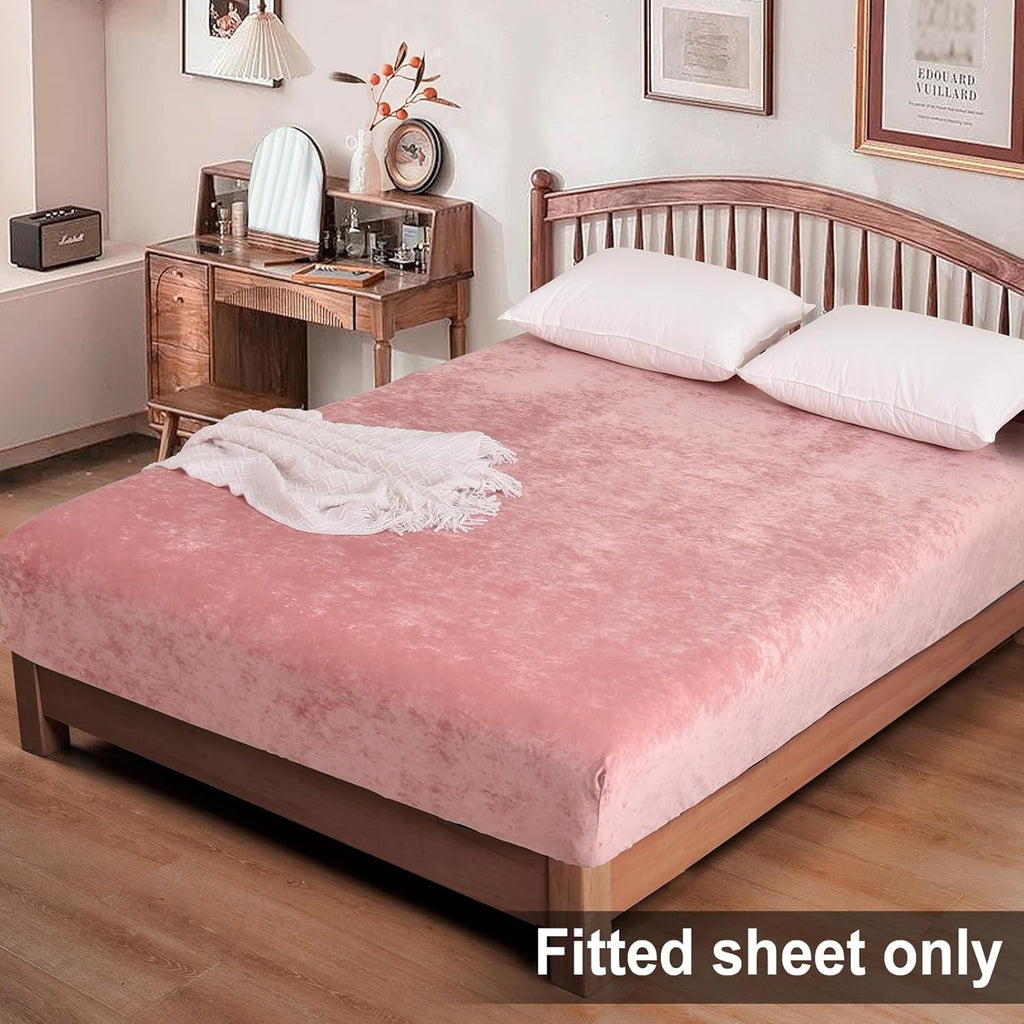 Premium Egyptian Cotton Truly Velvet Fitted Sheet Twin Size, Luxury Super Soft Flannel Bottom Sheet with 15" Deep Pocket for Winter, Pink - Luxury Bed Sheet Set with Deep Pockets Detail