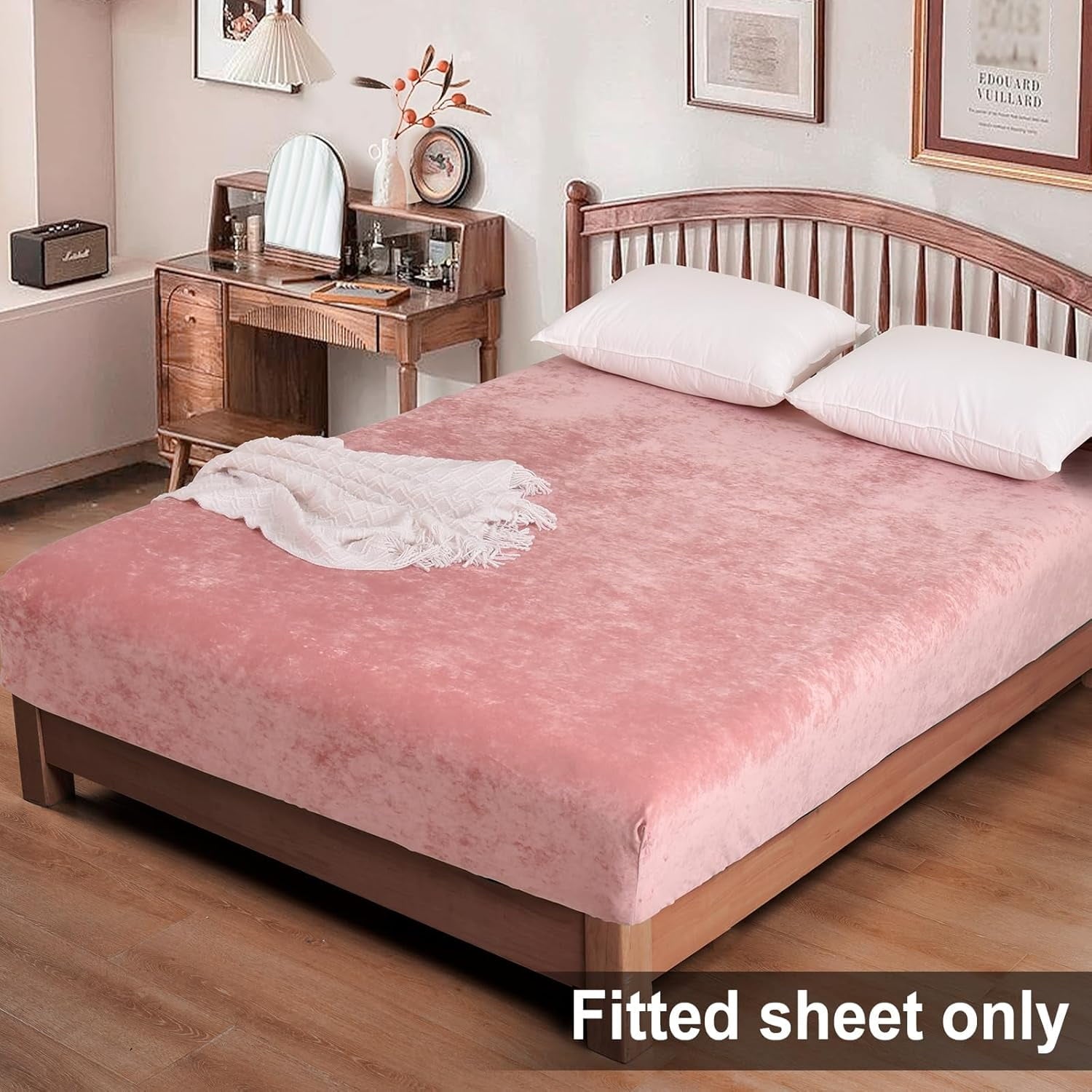 Premium Egyptian Cotton Truly Velvet Fitted Sheet Twin Size, Luxury Super Soft Flannel Bottom Sheet with 15" Deep Pocket for Winter, Pink - Luxury Bed Sheet Set with Deep Pockets Detail