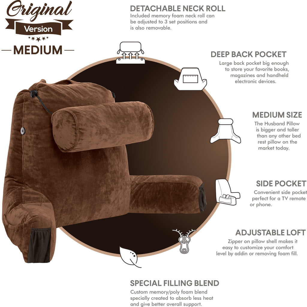 Hotel Collection Medium Chocolate Brown, Backrest - Detach Neck Roll, Removable Cover - Hotel Quality Plush Sleeping Pillows Detail