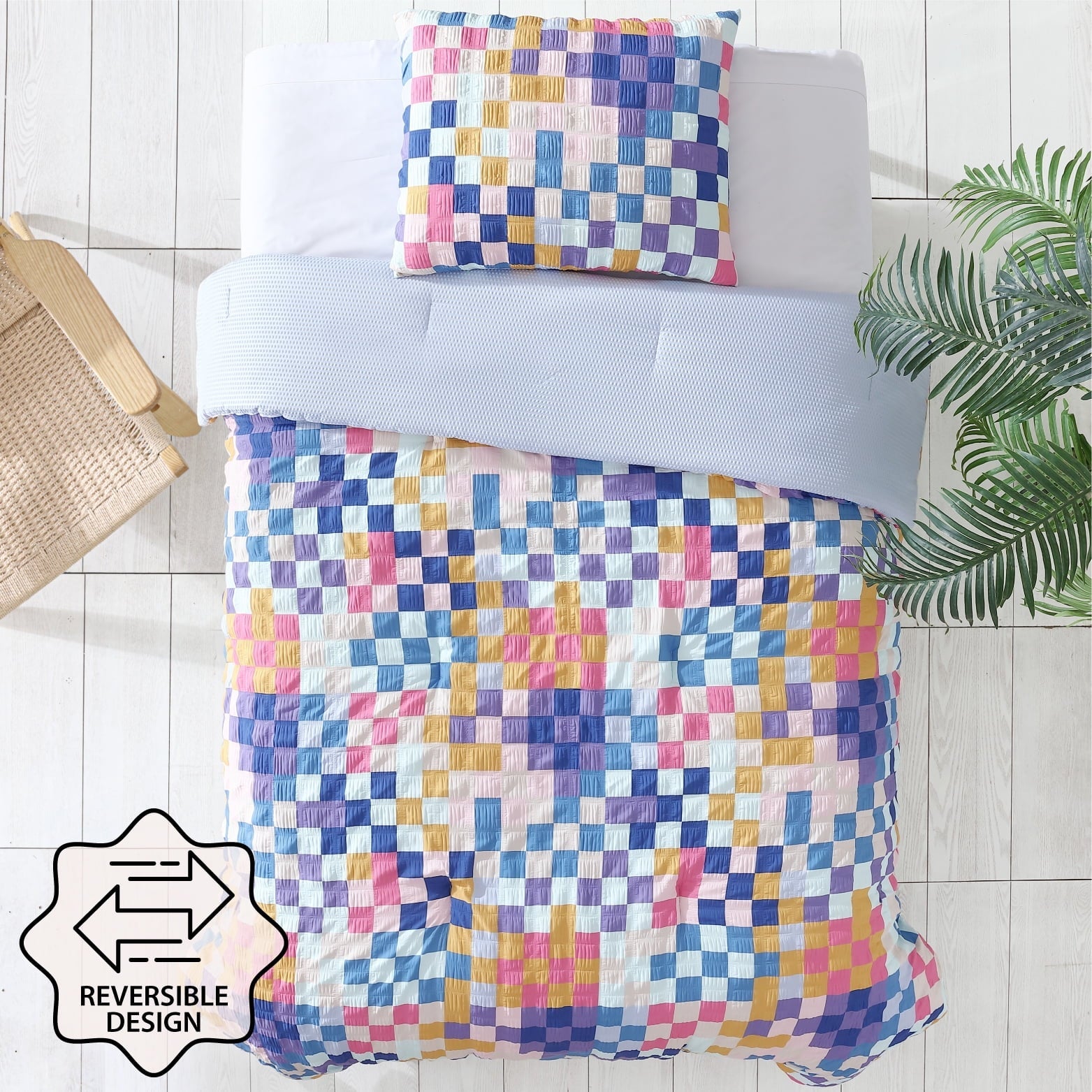 Hypoallergenic Cloud 2-Piece Textured Multi-Check Comforter Set, Twin/TwinXL - Luxurious Quilted Duvet Cover Set Detail