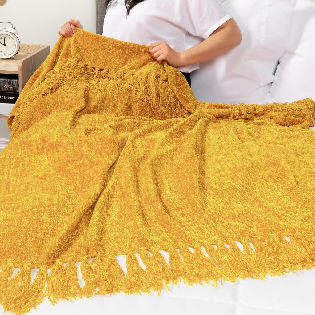 Lightweight Warm Mustard Yellow Chenille Throw Blanket for Couch, Soft Gold Knit Blanket with Tassel Fringe, Woven Chenille Knitted De... - Cozy Fleece Throw Blanket for Couch & Bed Detail