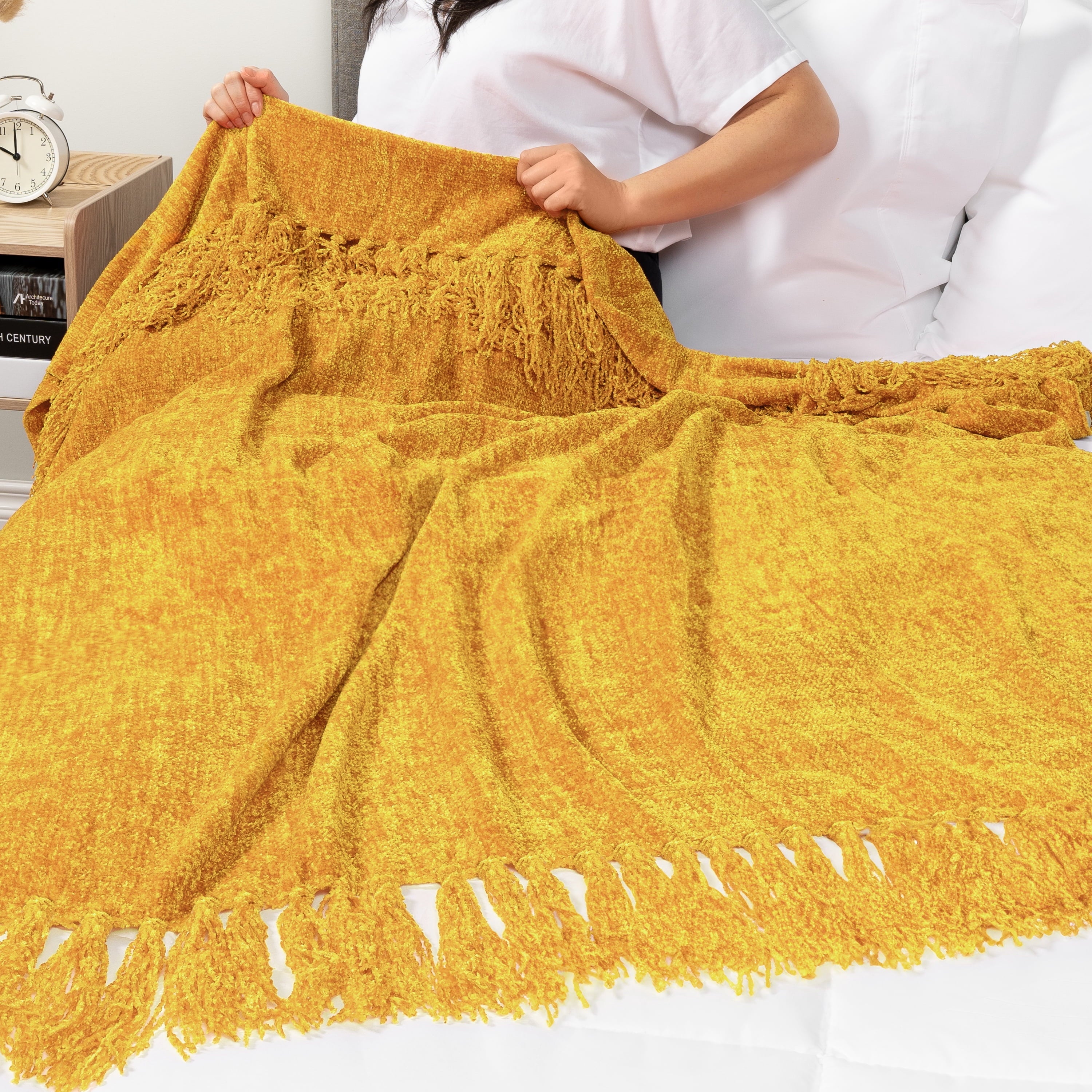 Lightweight Warm Mustard Yellow Chenille Throw Blanket for Couch, Soft Gold Knit Blanket with Tassel Fringe, Woven Chenille Knitted De... - Cozy Fleece Throw Blanket for Couch & Bed Detail