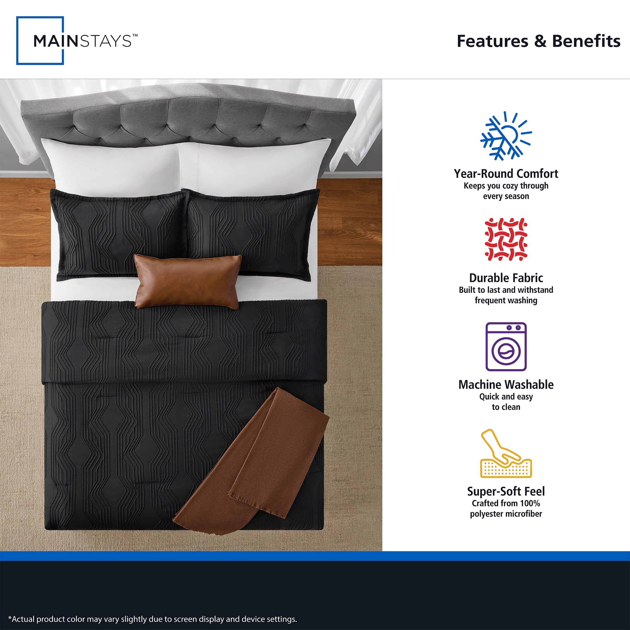 Fluffy Down Alternative Full/Queen Comforter Set, All-Season, 5-Piece, Black Jacquard Geo - Hypoallergenic Ultra-Fluffy Quilt for Winter Detail
