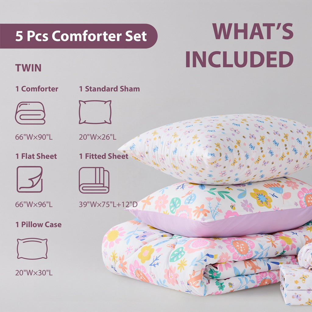 Luxurious Quilted Floral Comforter Set, Soft Microfiber Flower Bedding Set, 5 Pieces with Comforter, Sheets and Pillowcases, Twin - All-Season Down Alternative Comforter Insert Detail
