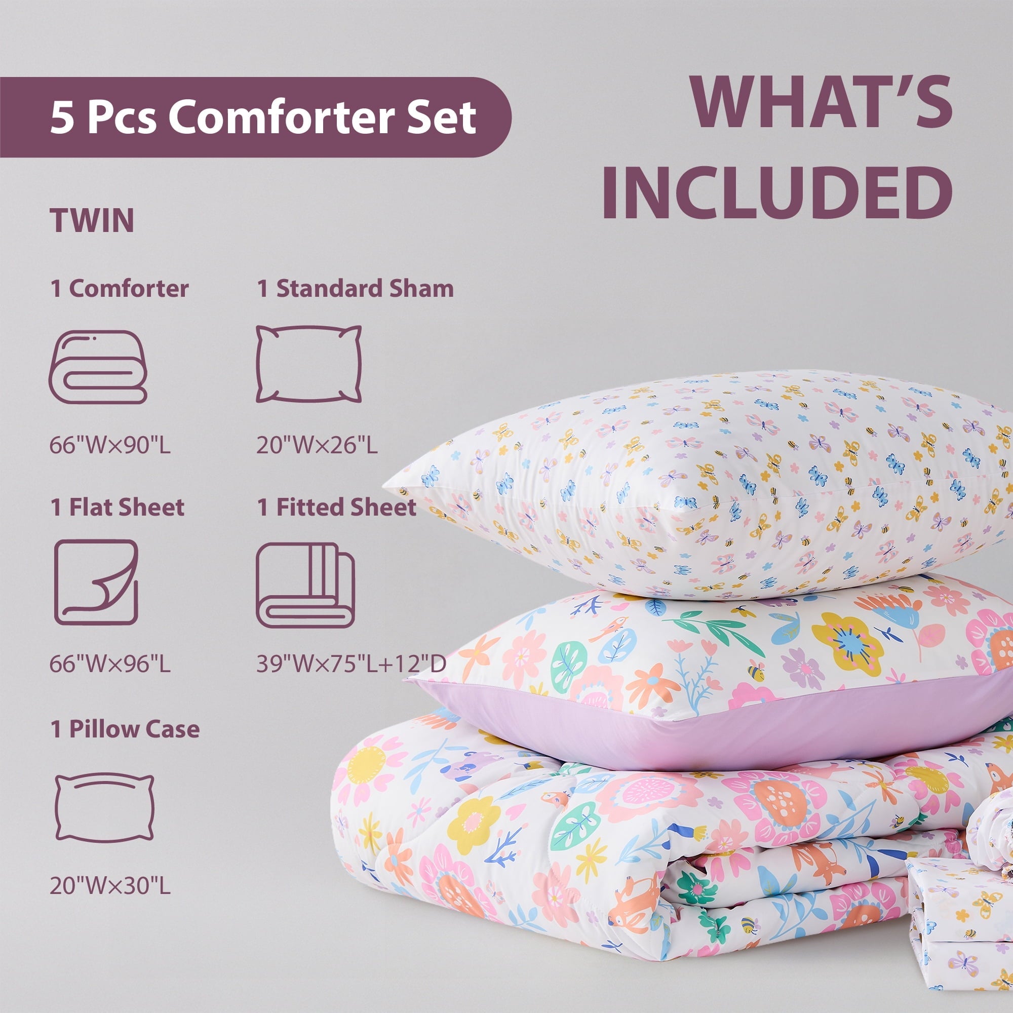Luxurious Quilted Floral Comforter Set, Soft Microfiber Flower Bedding Set, 5 Pieces with Comforter, Sheets and Pillowcases, Twin - All-Season Down Alternative Comforter Insert Detail