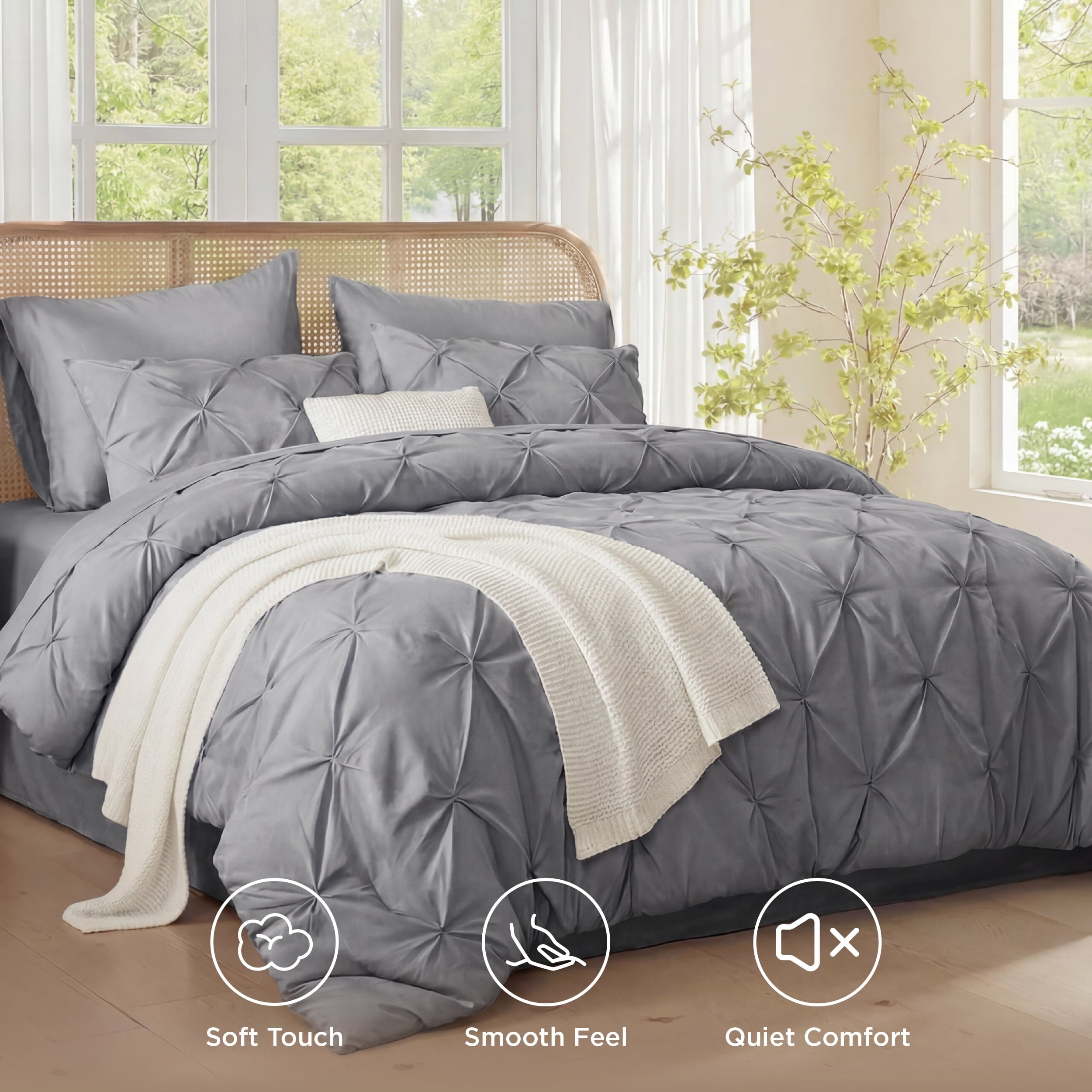 Fluffy Down Alternative Queen Comforter Set Grey, Bed in a Bag Queen Size Bedding, 7 Pieces Pinch Pleat All Season Comforter - Luxurious Quilted Duvet Cover Set Detail